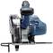 An electric hand circular saw in blue with a black handle, viewed from the side, suitable for woodworking and DIY projects.