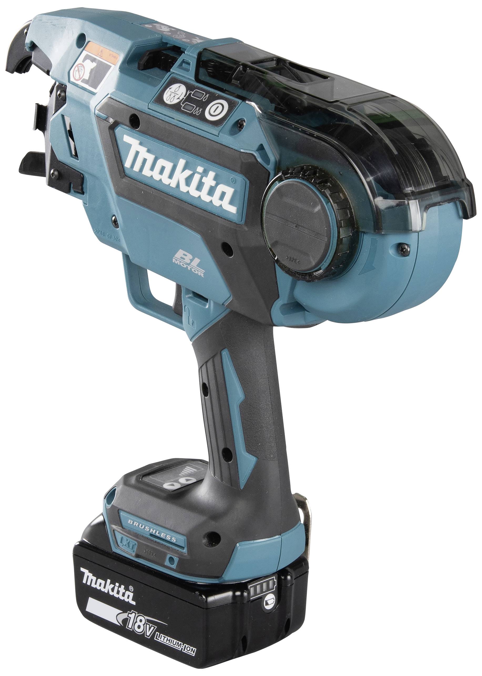 A cordless blue-black Makita tool, likely a nail gun, with an 18V battery for construction work.
