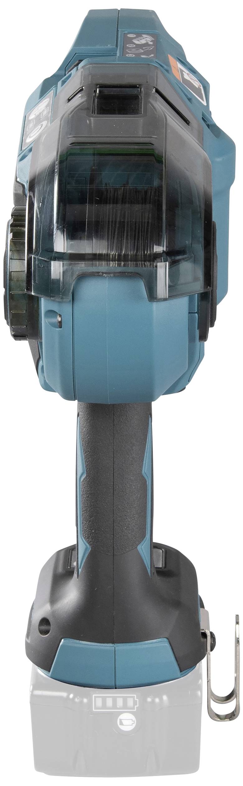 Electric drill driver in blue with a black handle and hook on the side; rear view.