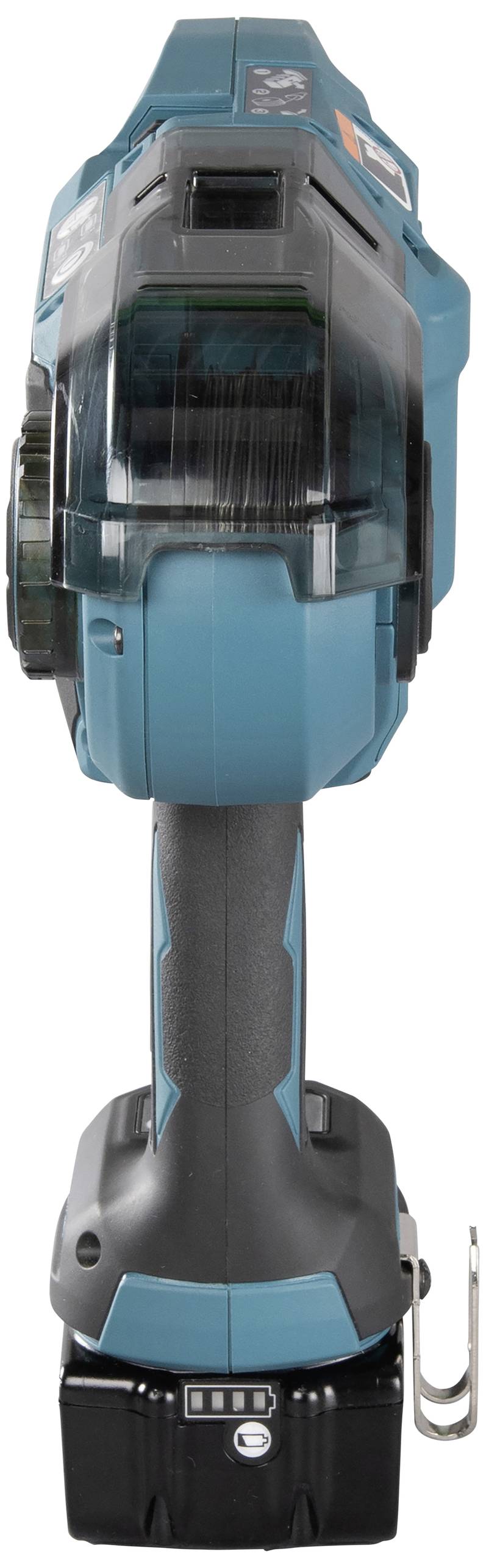 An electric angle grinder with a blue casing and black handle, battery status indicator at the base, side view.