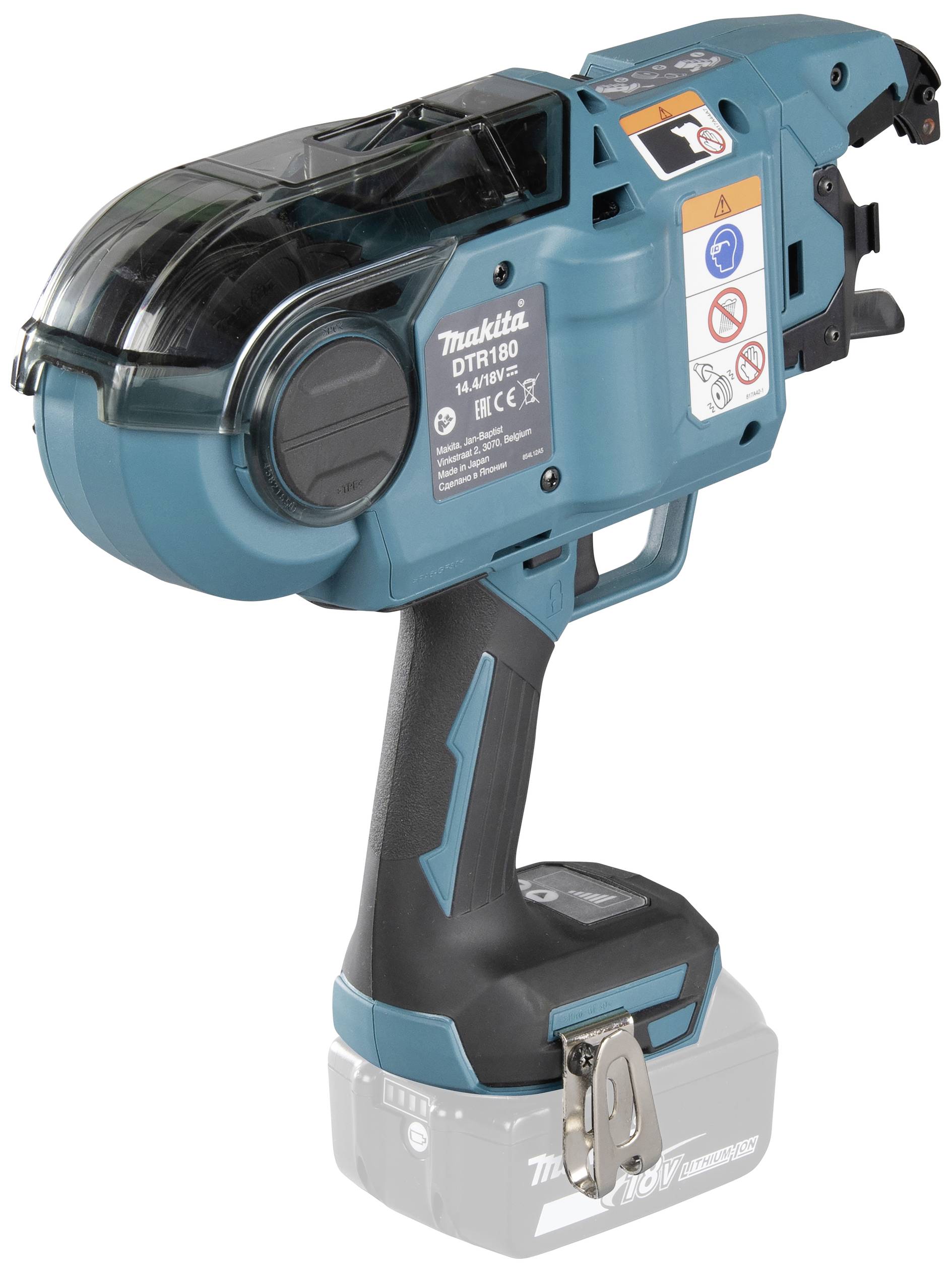 Blue electric tool, likely a battery-powered rebar tier with multiple safety labels attached.