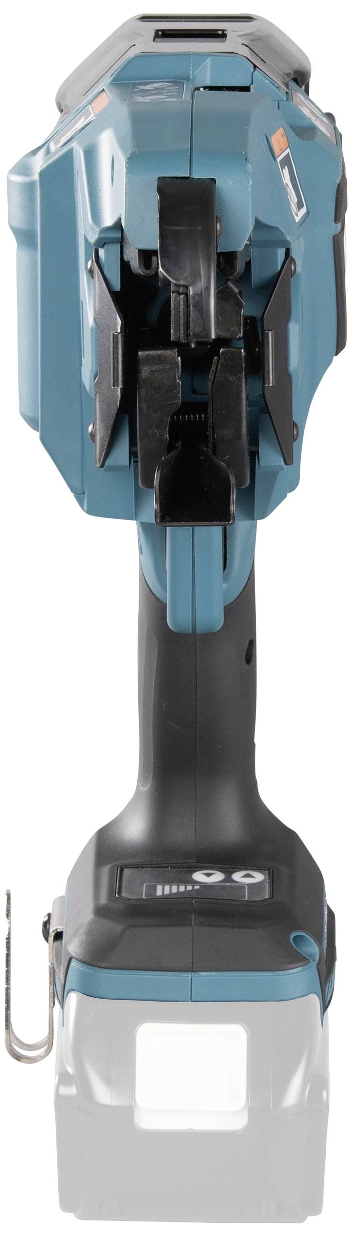 A blue, portable electric tool with an ergonomic handle, featuring a hook and a light at the lower end.