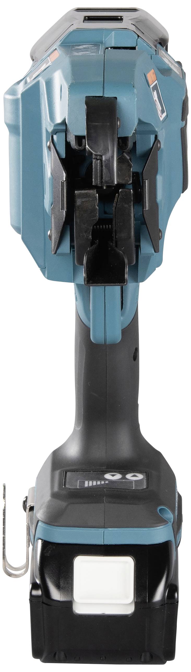 An electric hand tool with a blue casing, shown from the front, standing upright, with a hook visible on the left side.