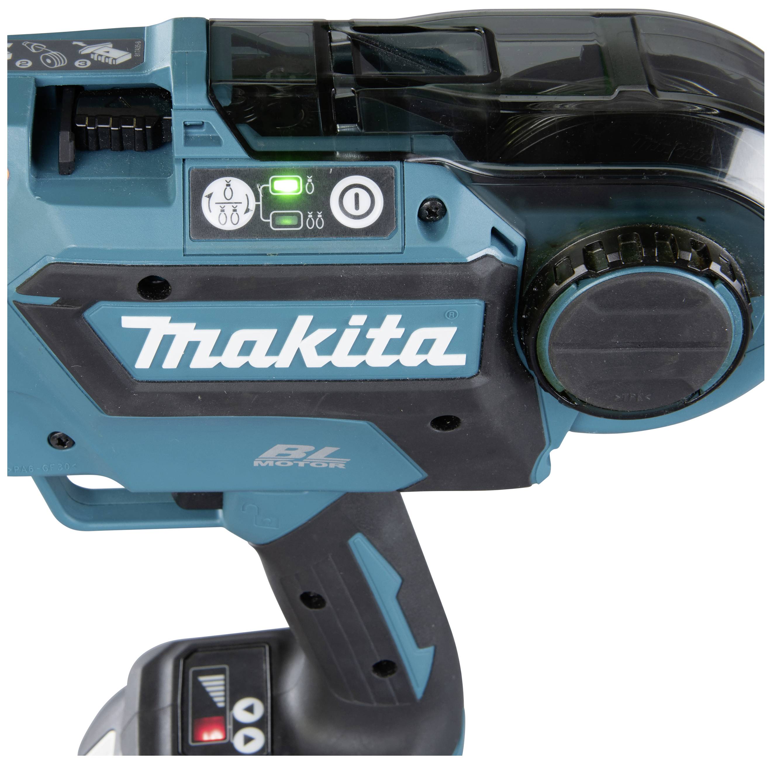 Cordless drill with Makita logo, two buttons, and illuminated indicator on the back.