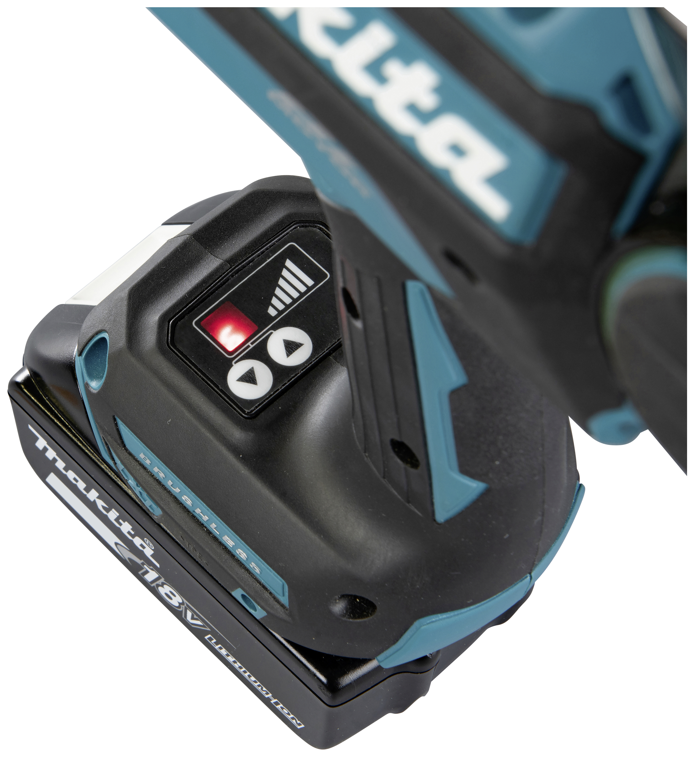 Power drill with inserted 18V lithium-ion battery, displaying a red charging indicator.