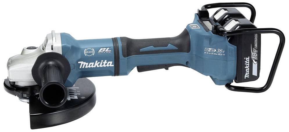 A blue Makita angle grinder with two batteries, black handle, and protective cover, shown against a white background.