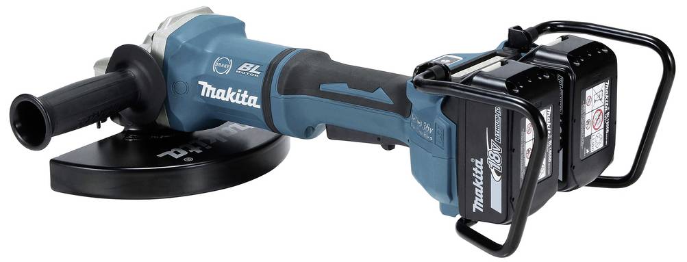 Battery-powered angle grinder with a blue handle and black grinding head, two large batteries and a side grip handle.