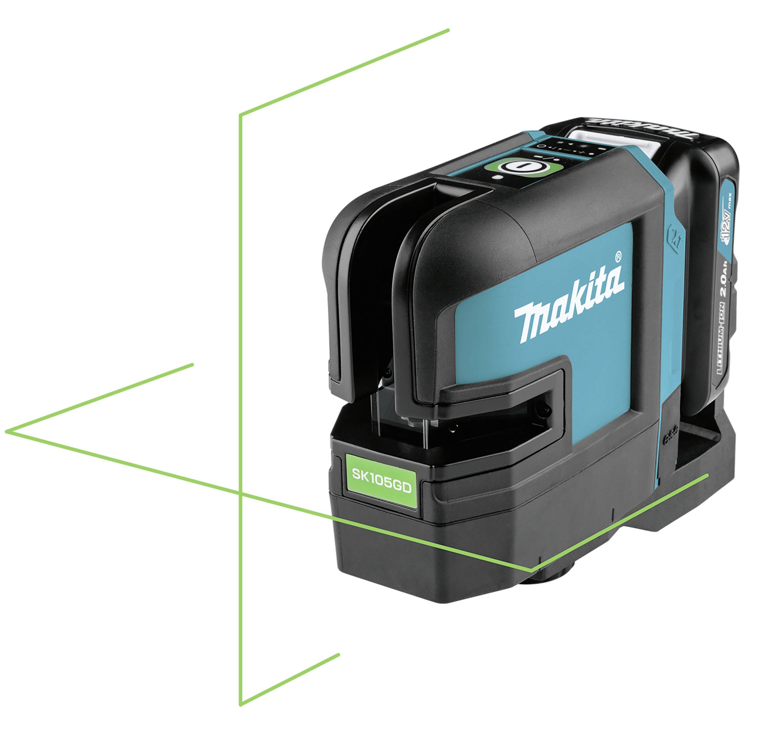 A green line laser device with a black and blue housing by Makita, model SK105GD. It projects two green lines.