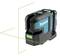 A green line laser device with a black and blue housing by Makita, model SK105GD. It projects two green lines.