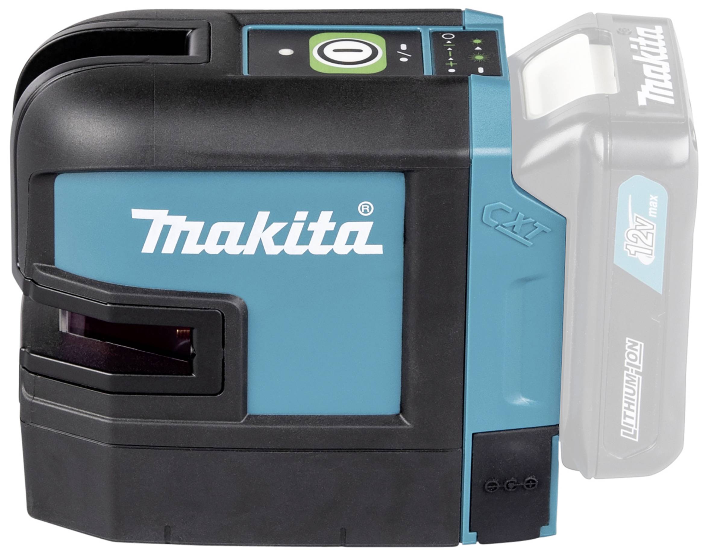 A cordless cross-line laser from Makita, in black and turquoise, with a visible laser output.