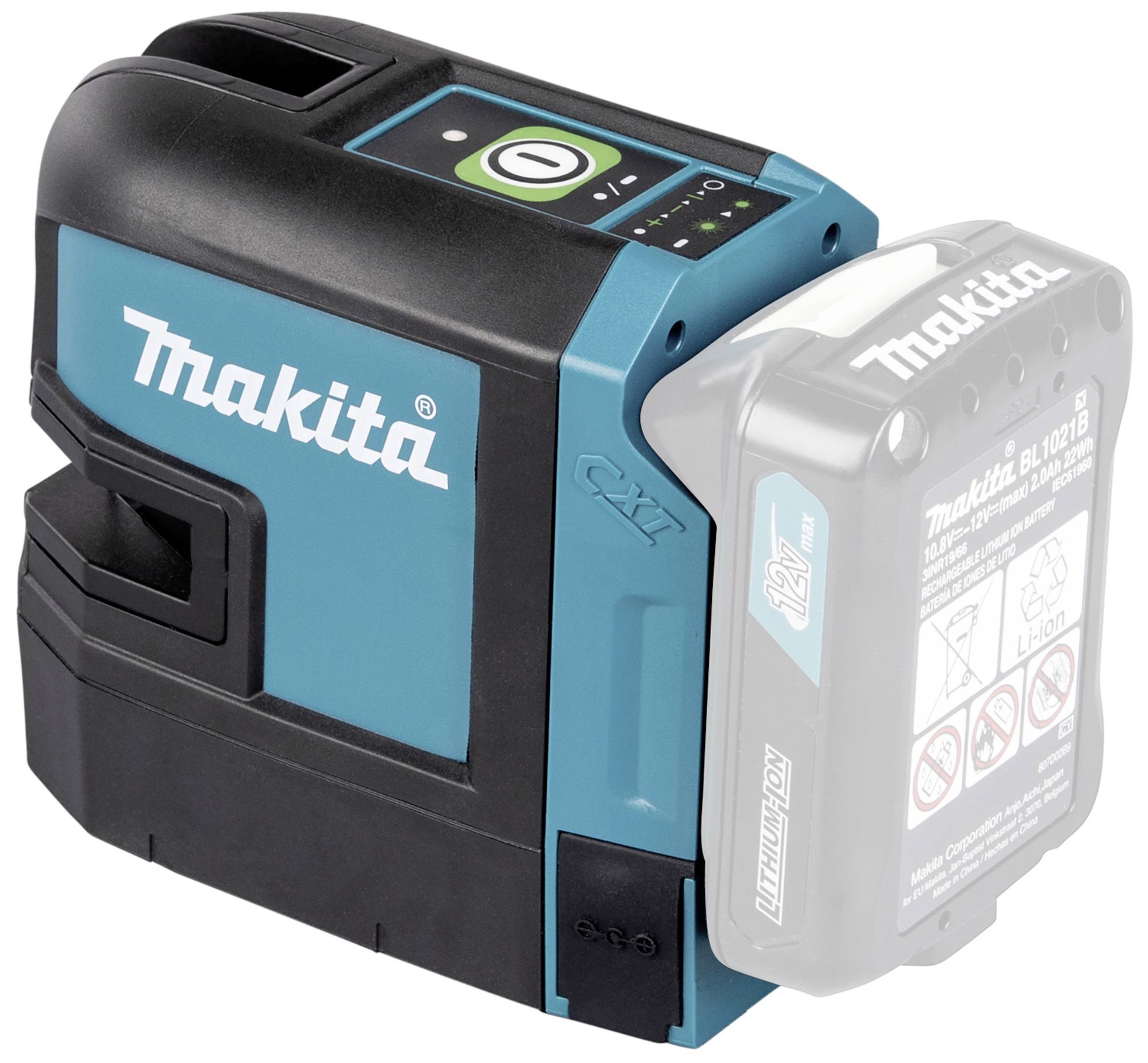 A blue, portable Makita laser levelling device with a visible battery on the side, suitable for precise measurement work.