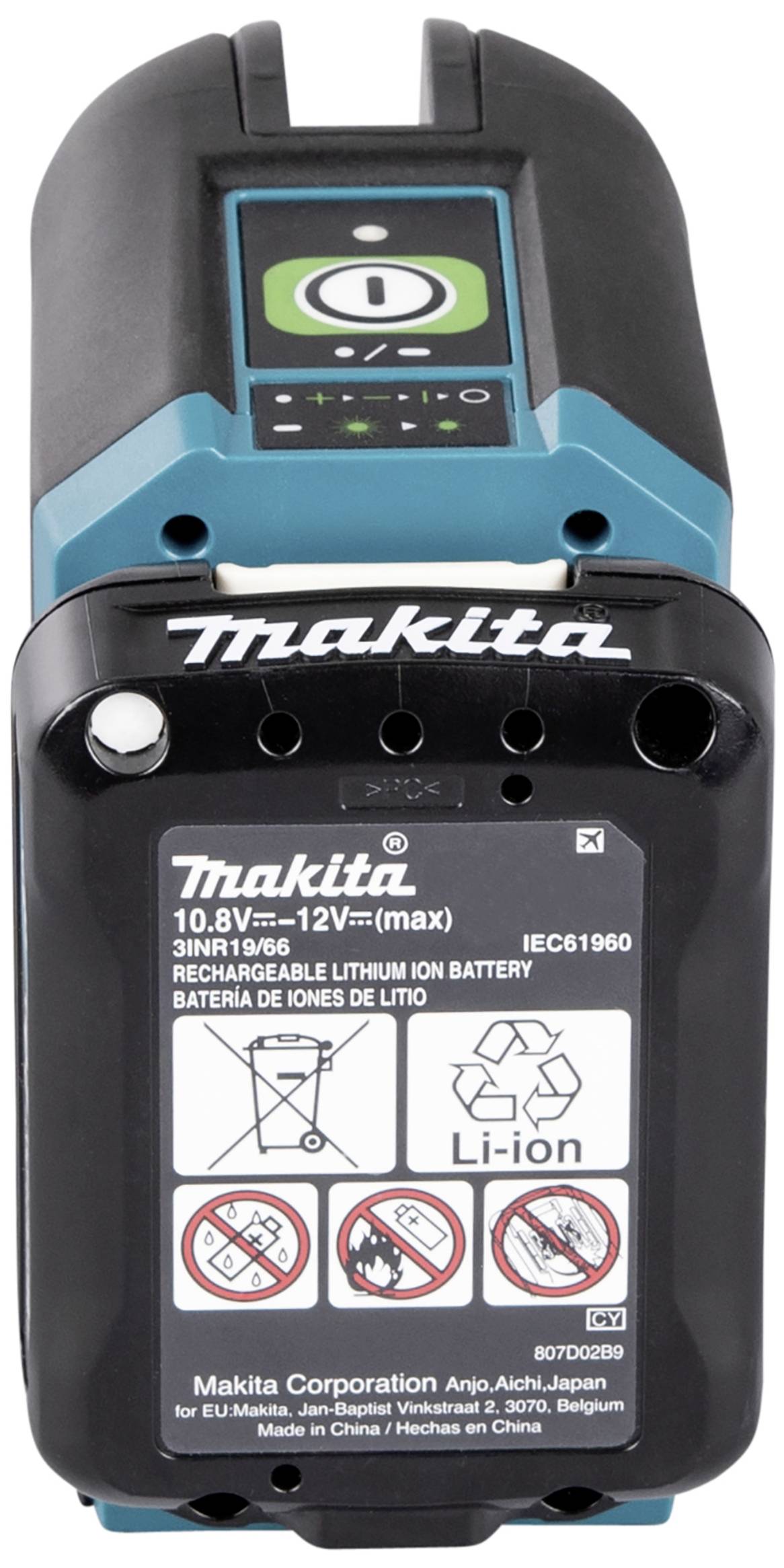 A rechargeable Makita lithium-ion battery with a voltage of 10.8V to 12V. Includes user instructions and safety icons.