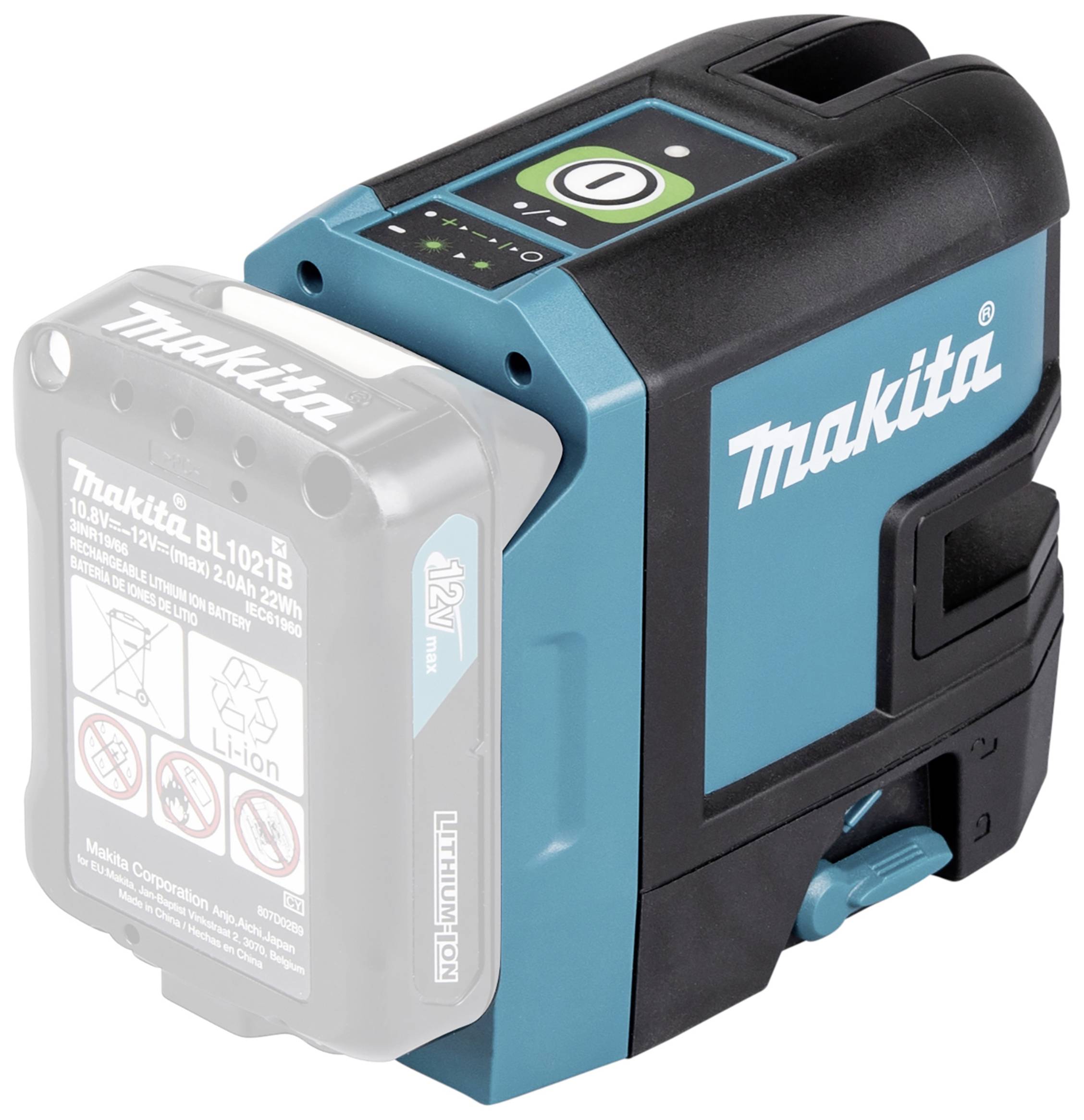 Makita Battery-Powered Line Laser, blue and black, with visible battery compartment cover, ready for use, suitable for precise measurements.