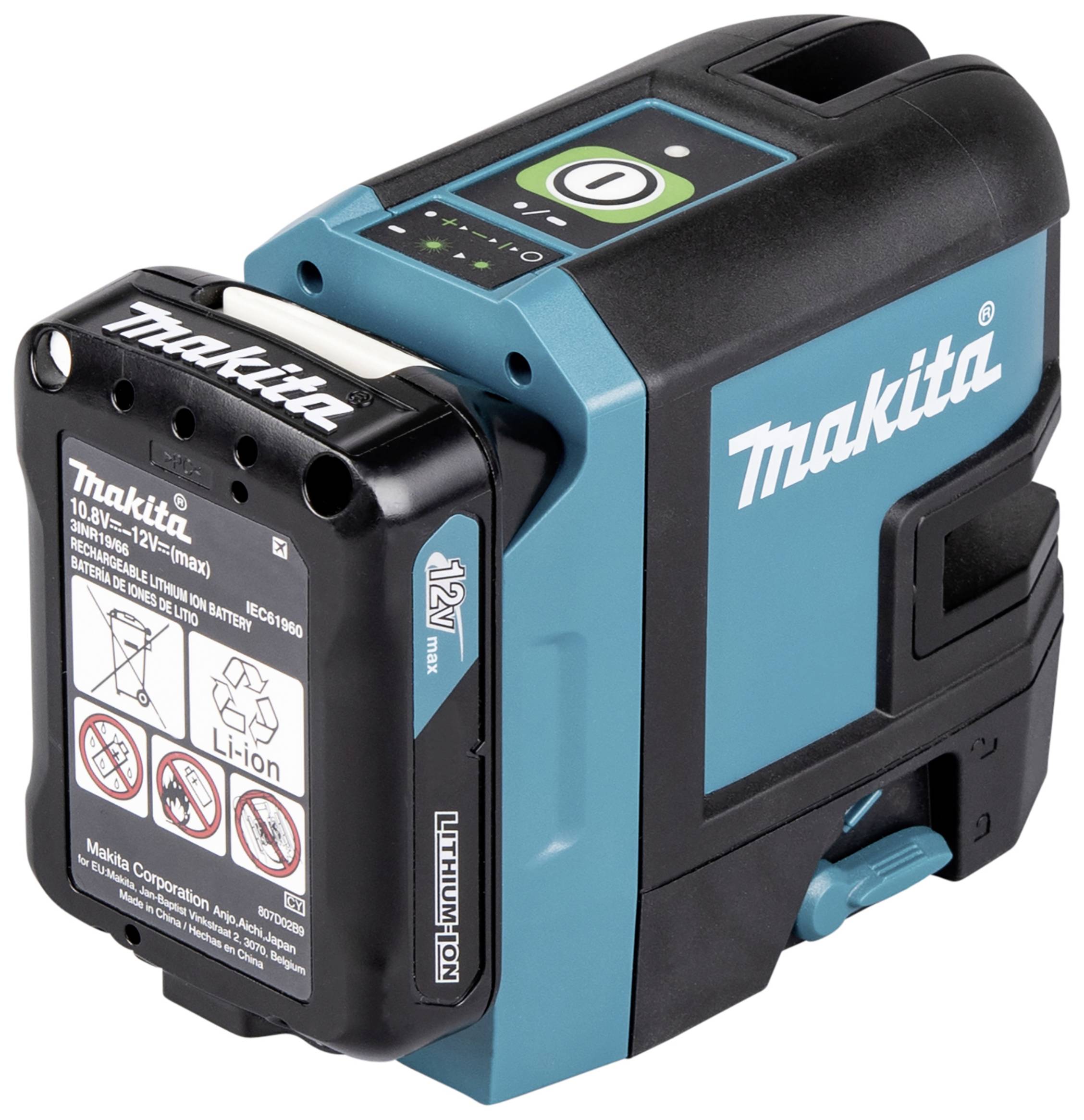 A Makita laser measuring device with an attached lithium-ion battery. Device shows a green operational indicator and enhanced protection.
