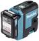 A Makita laser measuring device with an attached lithium-ion battery. Device shows a green operational indicator and enhanced protection.