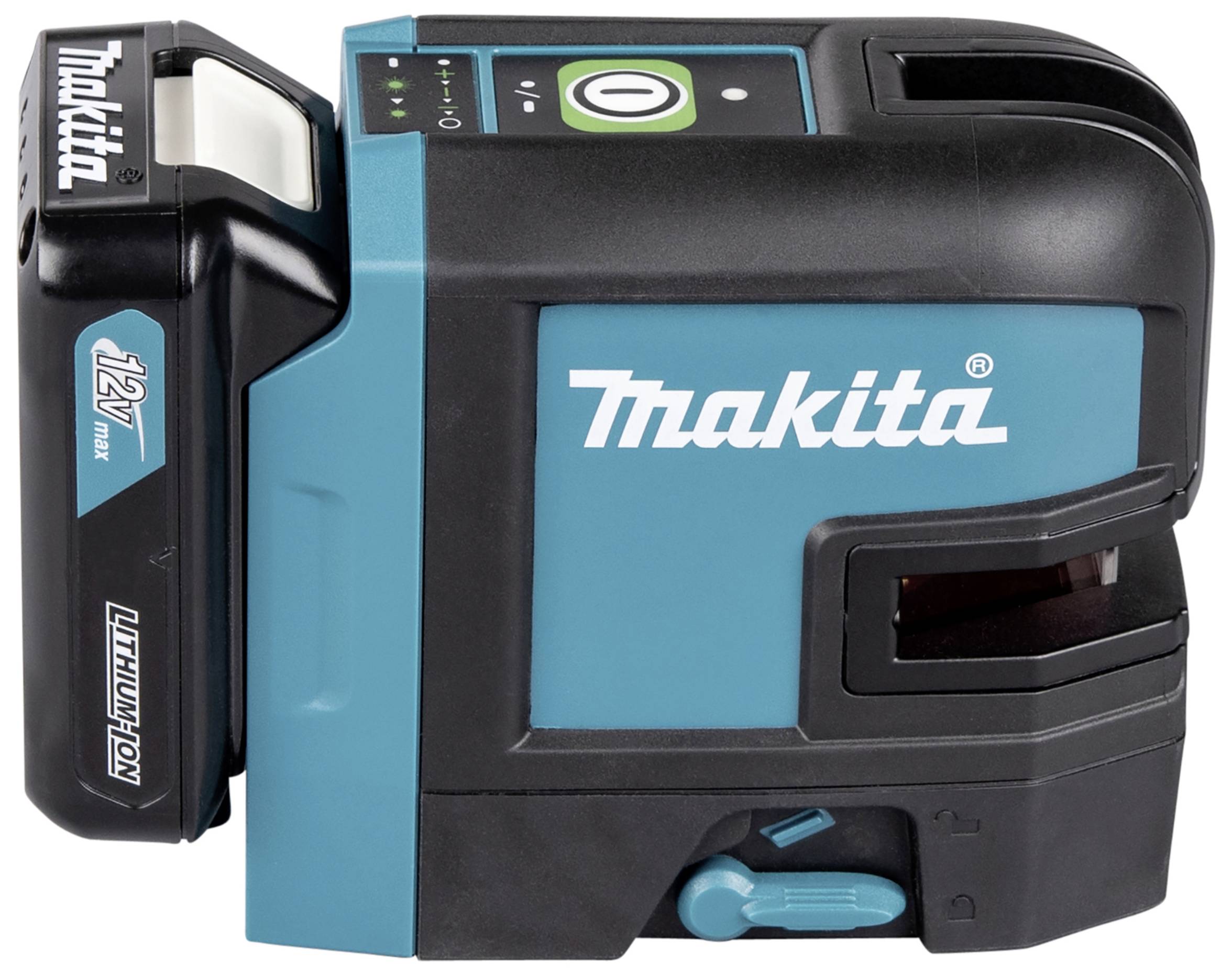 Makita laser tool in a blue and black casing. It displays the brand logo and parts of the design along with the battery unit.