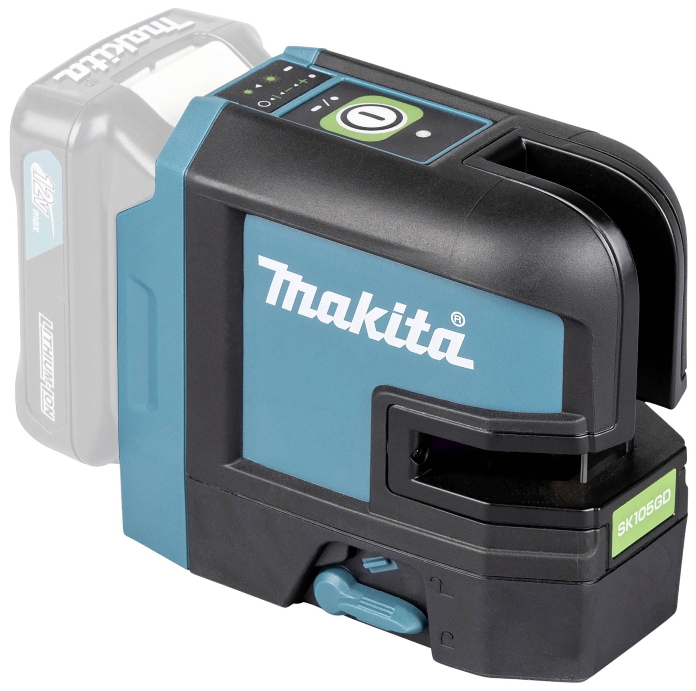 A Makita laser levelling device, model SK105GD, in blue and black with a battery compartment, pictured without battery inserted.