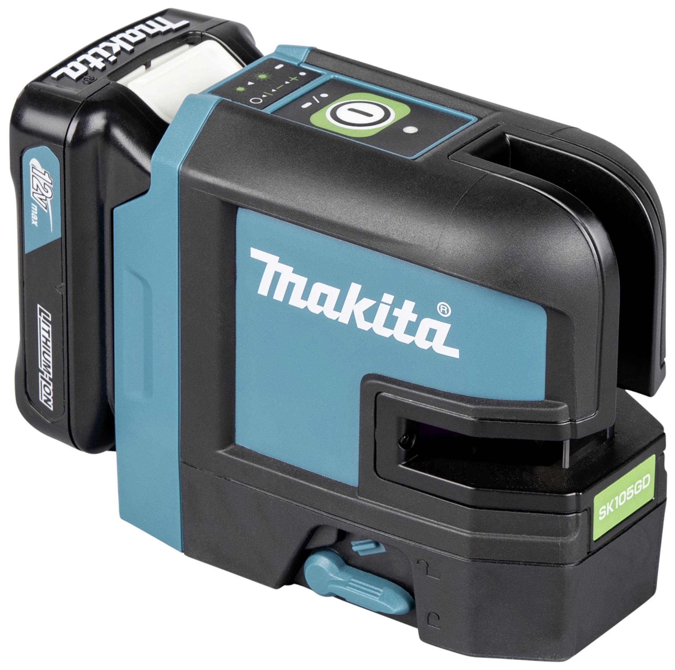 A blue and black Makita cross-line laser with battery. Model number: SK105GD. Used for precise levelling and alignment.