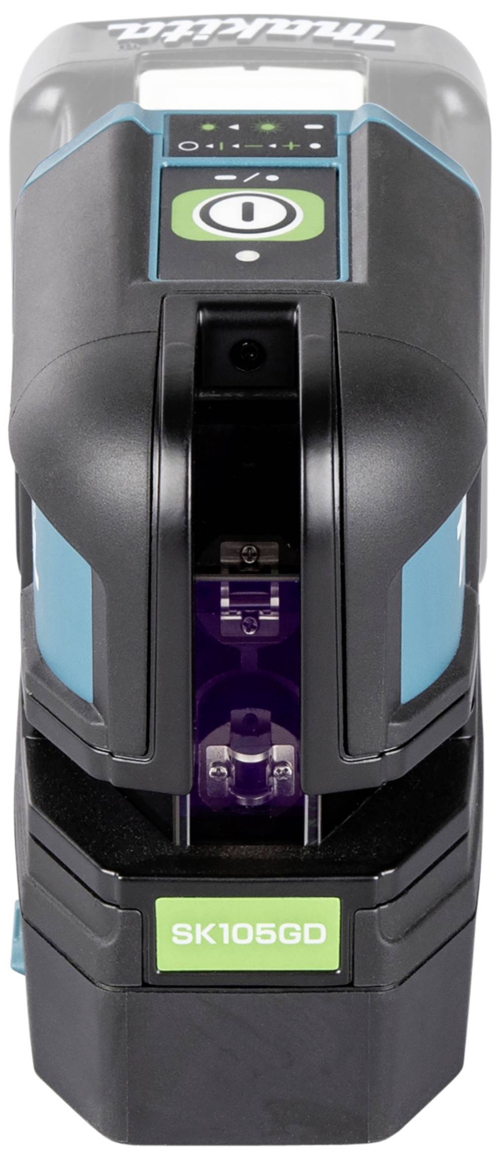 Compact, black and turquoise laser distance measure by Makita, model SK105GD, pictured from the front.