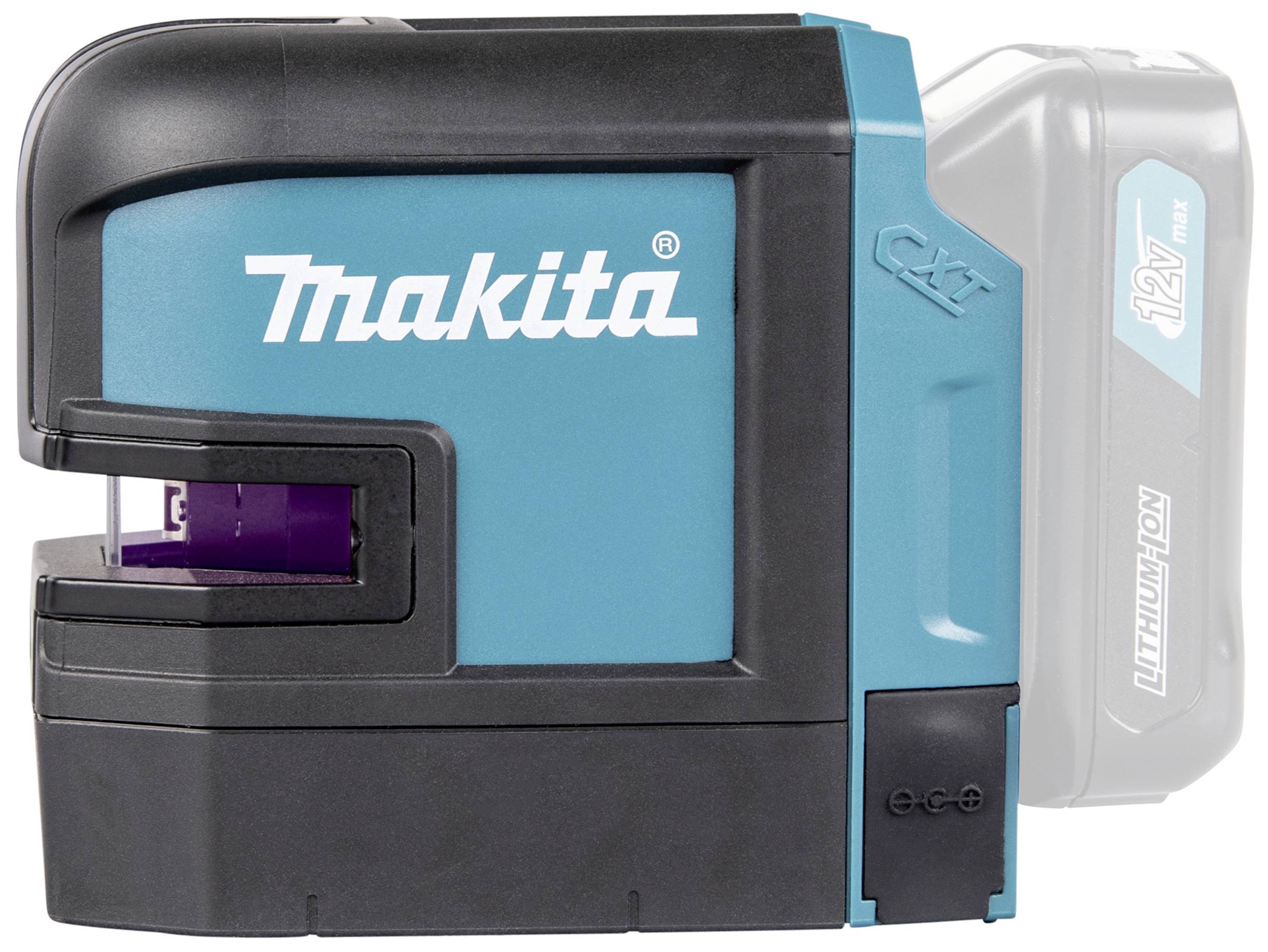 'Makita' laser spirit level with blue-black casing, LED display and lithium-ion battery; tool for precise measurements.