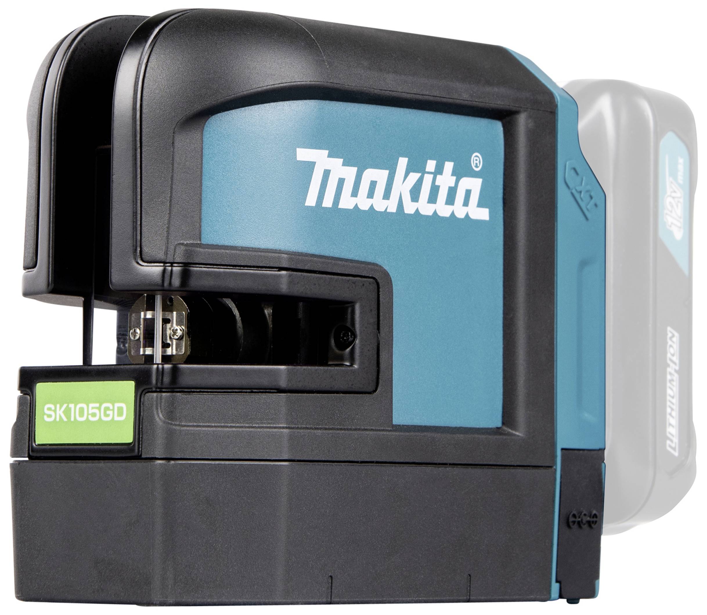 Makita SK105GD Line Laser in a blue housing, ideal for precise alignment. Shows two green laser lines for horizontal and vertical planes.