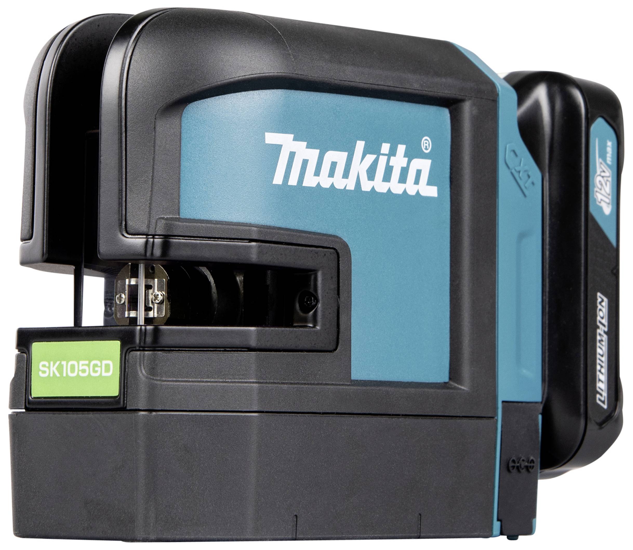 'Makita SK105GD' laser device with robust design and battery pack. Ideal for precise measuring work on construction sites or at home.