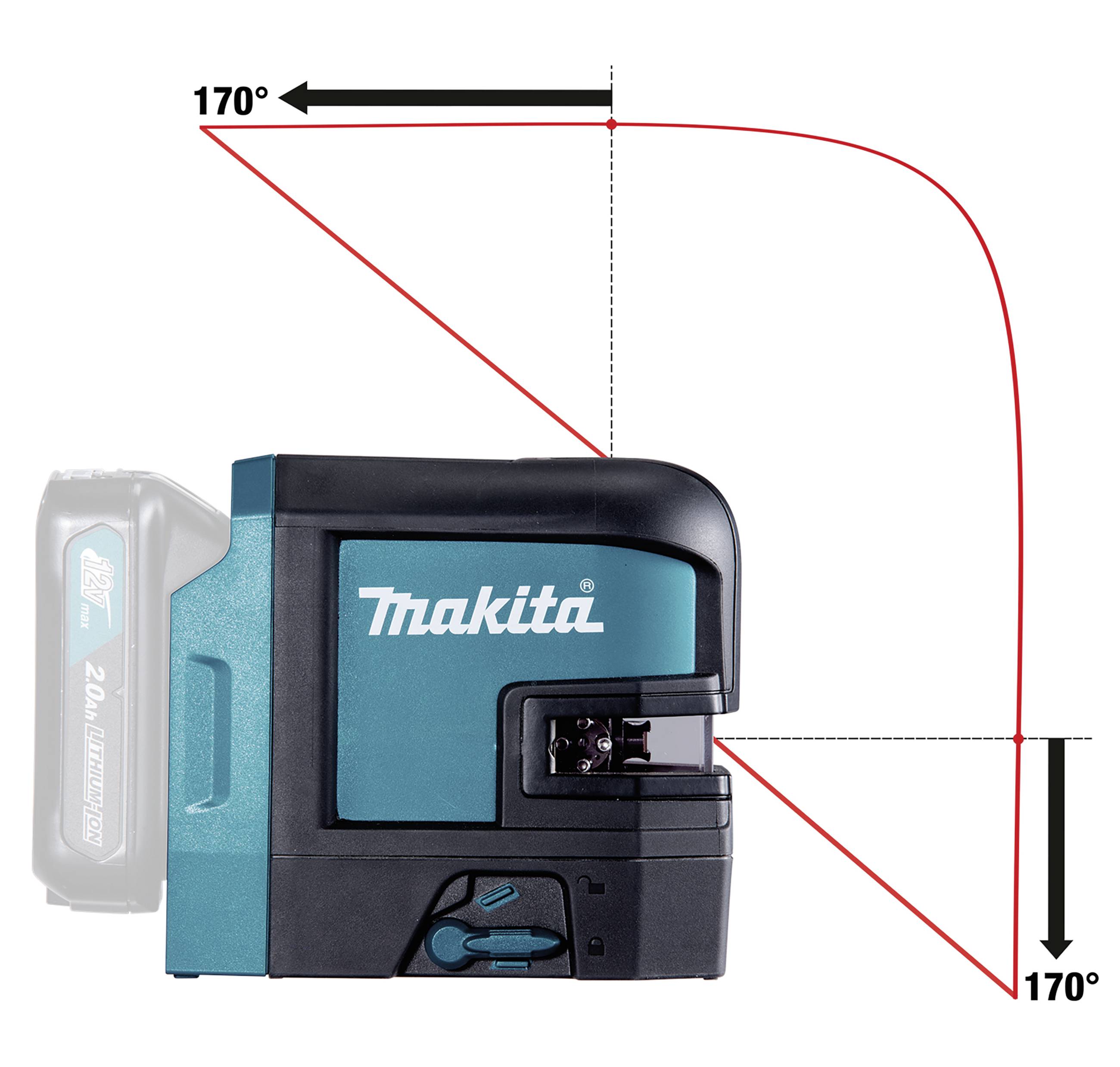 'Makita Laser' displays the projected laser beam in two 170-degree angles, illustrating a precise measurement.