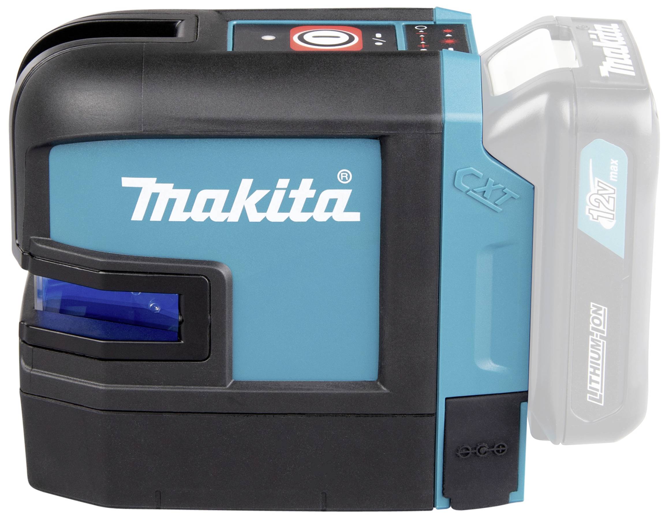A blue-black Makita laser device with battery. Equipped with an on-off switch and a 12V lithium-ion battery.