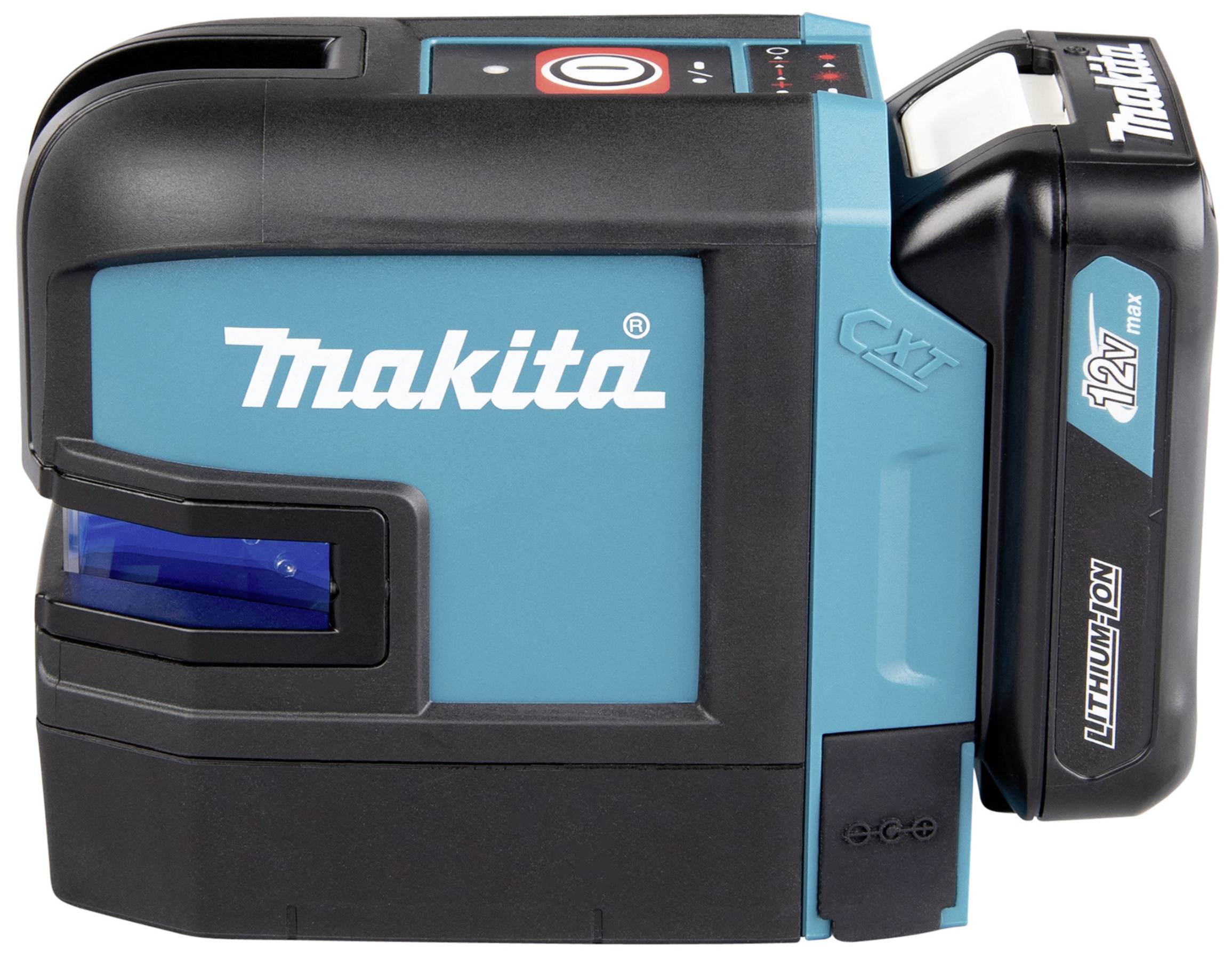A navy blue Makita line laser with a lithium-ion battery.