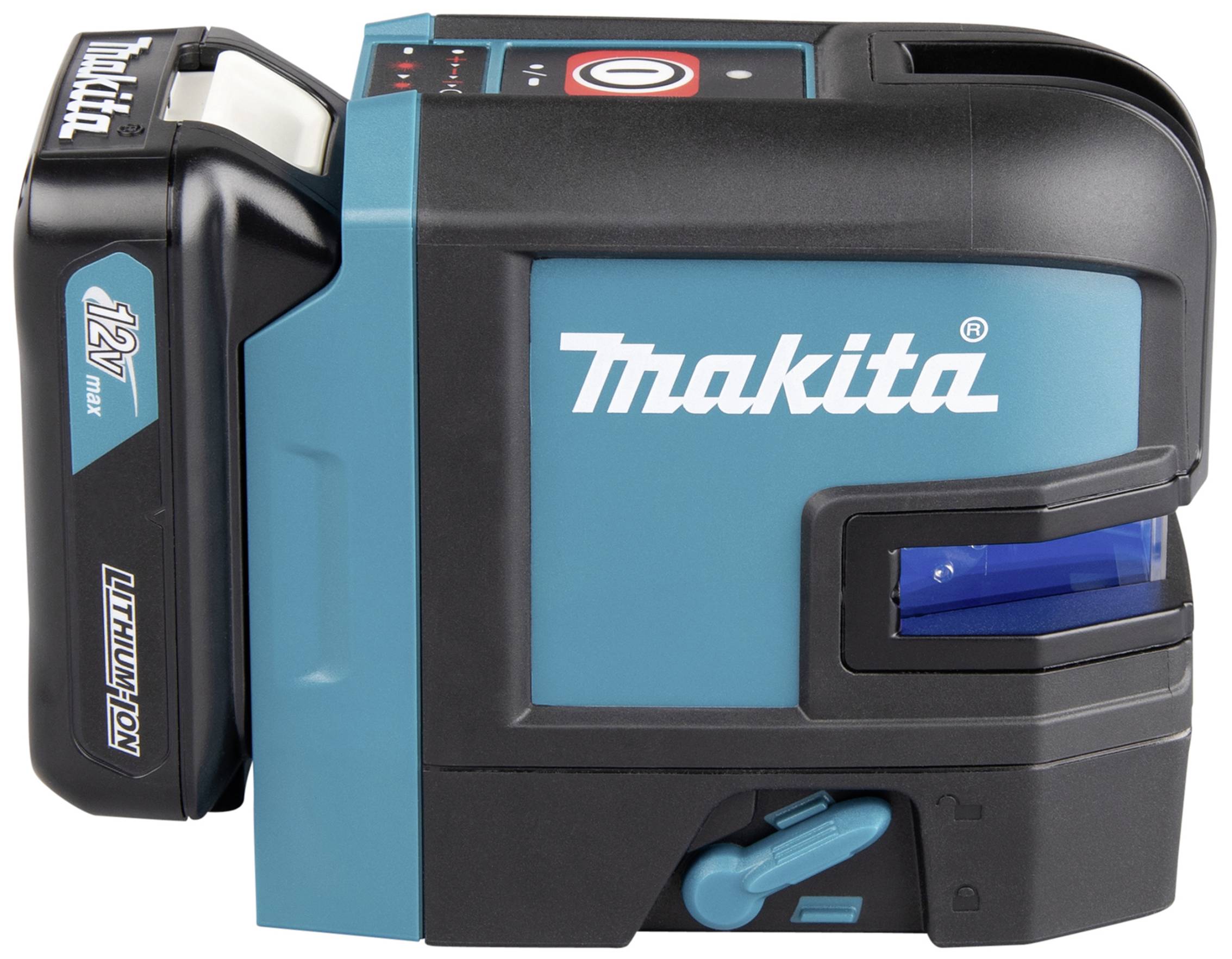 A blue Makita laser with a lithium-ion battery, standing upright, with a control panel on top and a side power on/off switch.