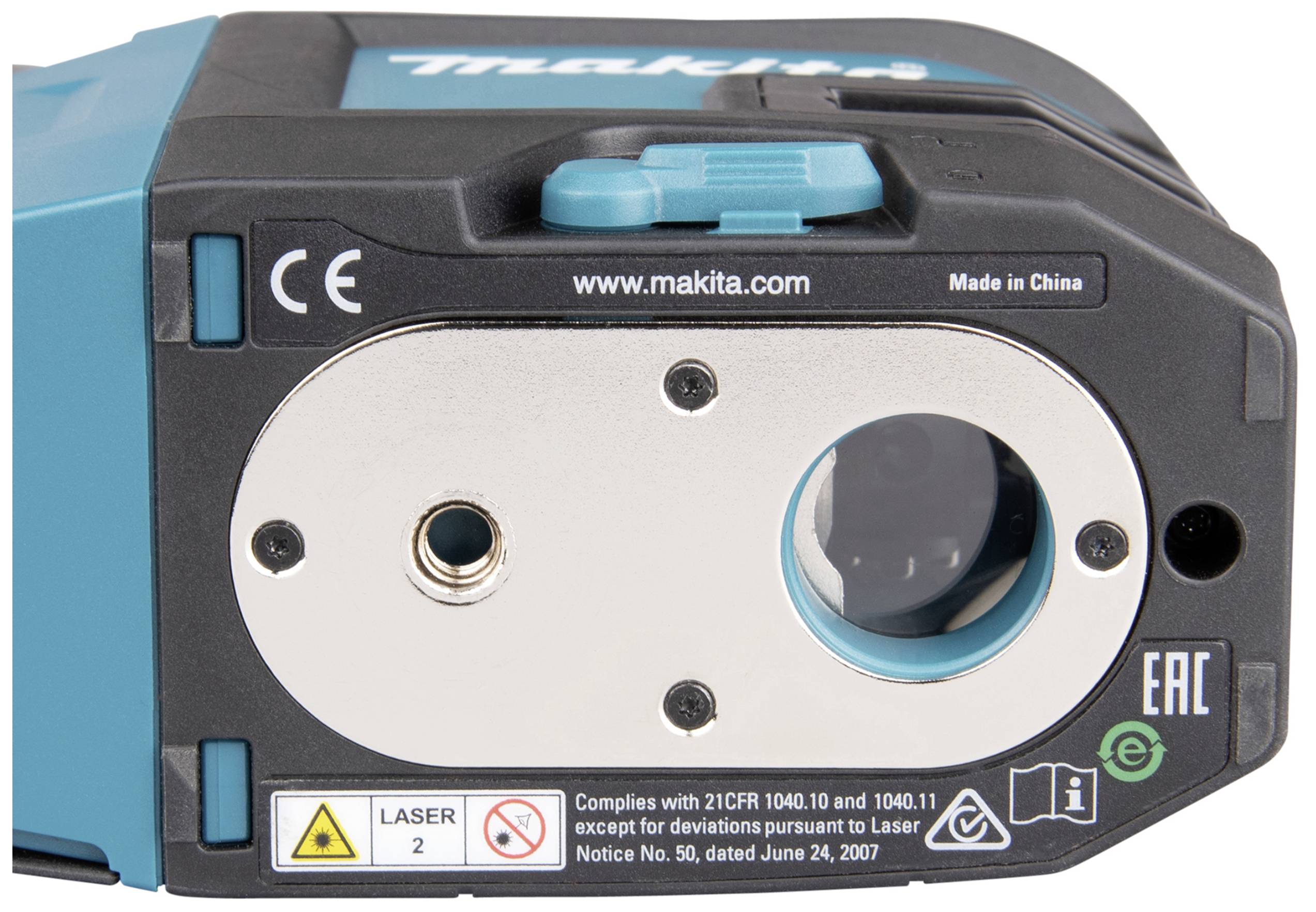 A blue-black laser tool shows the front view with manufacturer information and laser safety instructions.