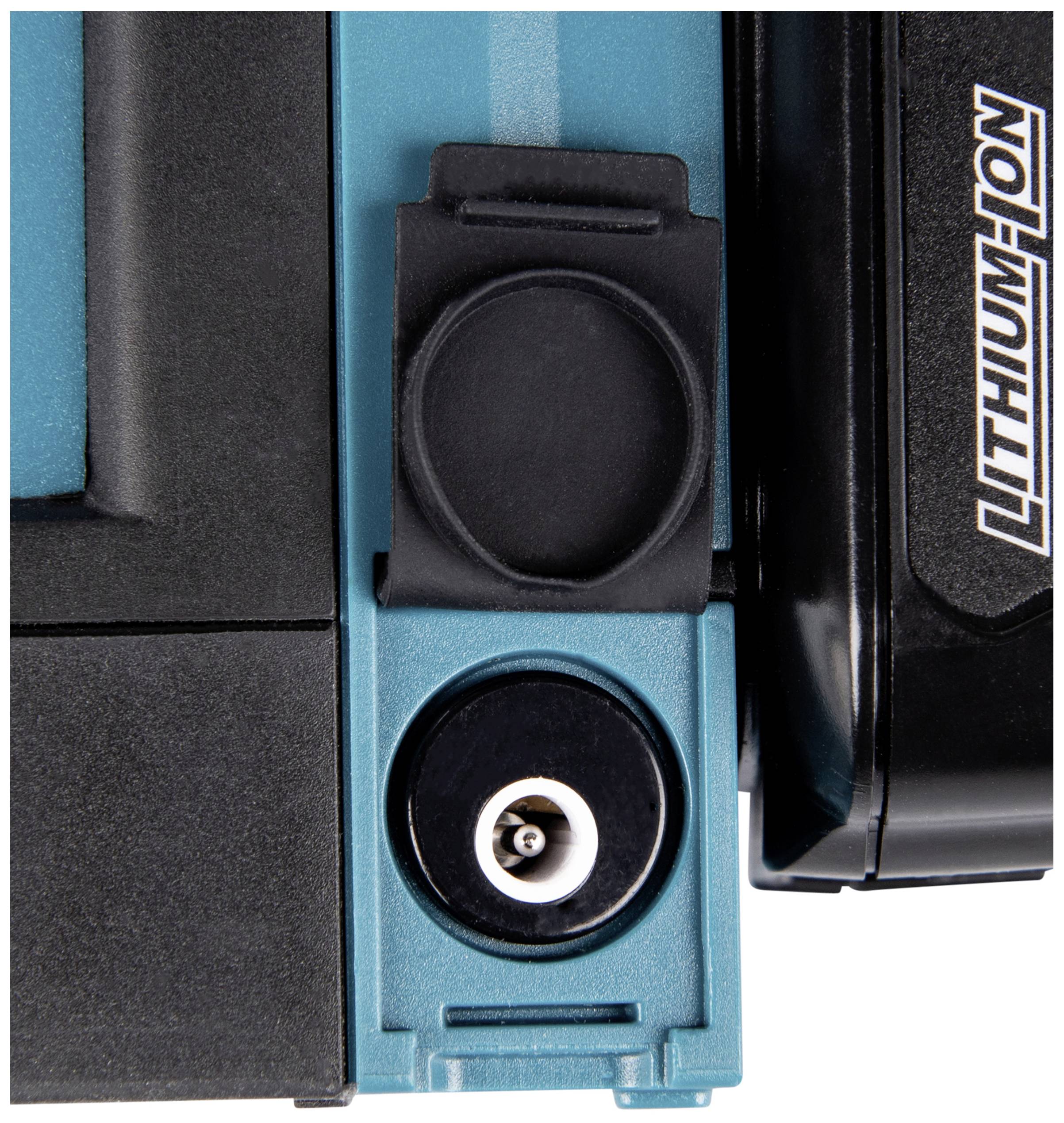 A close-up of a blue and black electrical tool component with a lithium-ion battery connector.