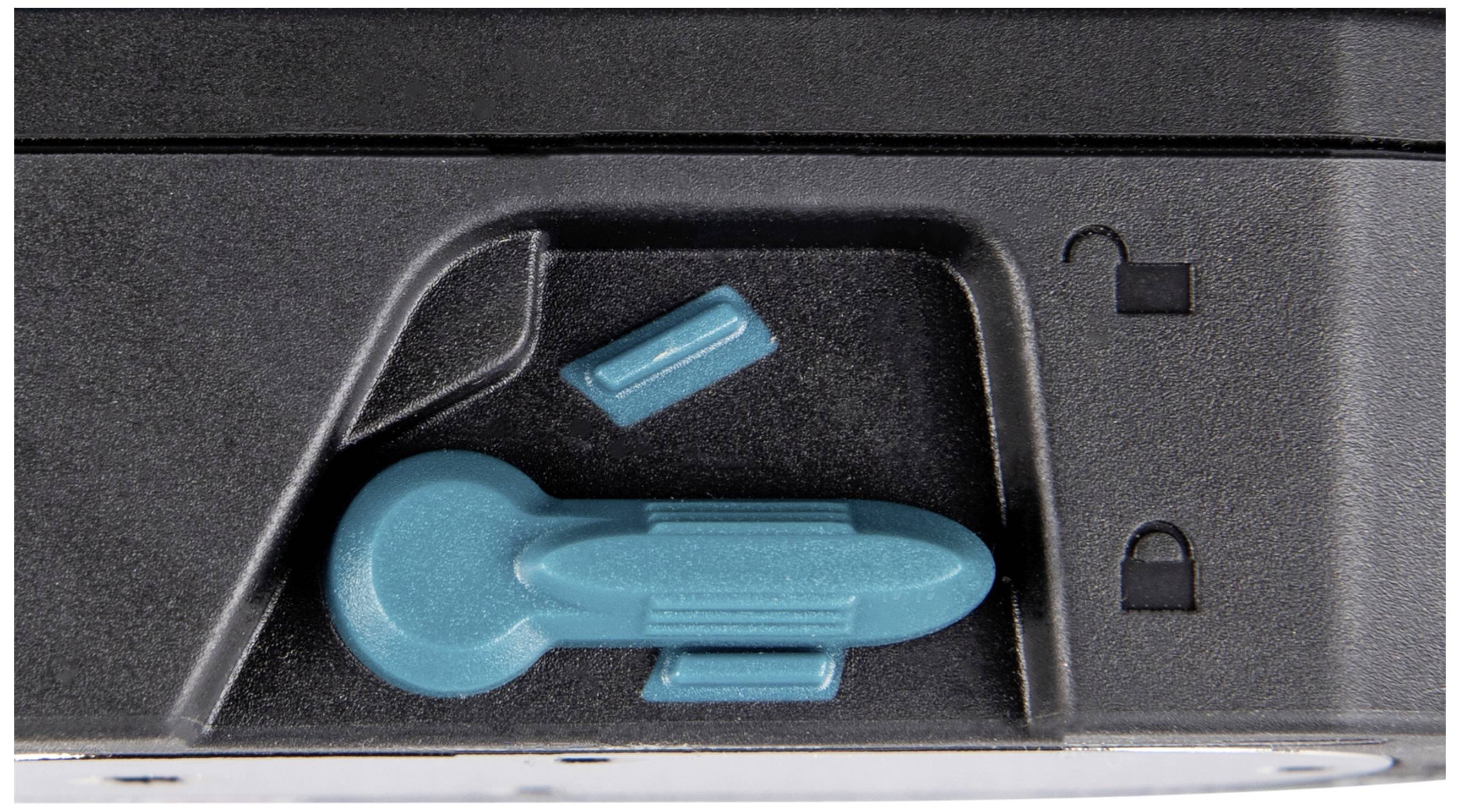 Blue switch on a black device, marked with two symbols indicating positions or functions.