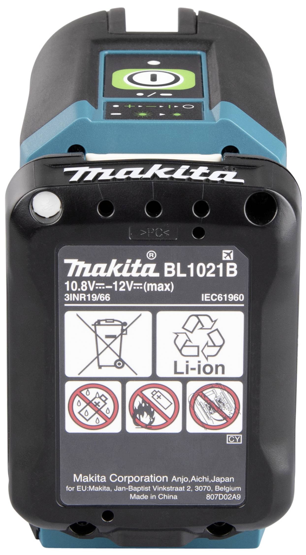 Makita 10.8–12V Battery, Li-Ion, Model BL1021B, black surface with blue accents, safety and usage symbols visible.