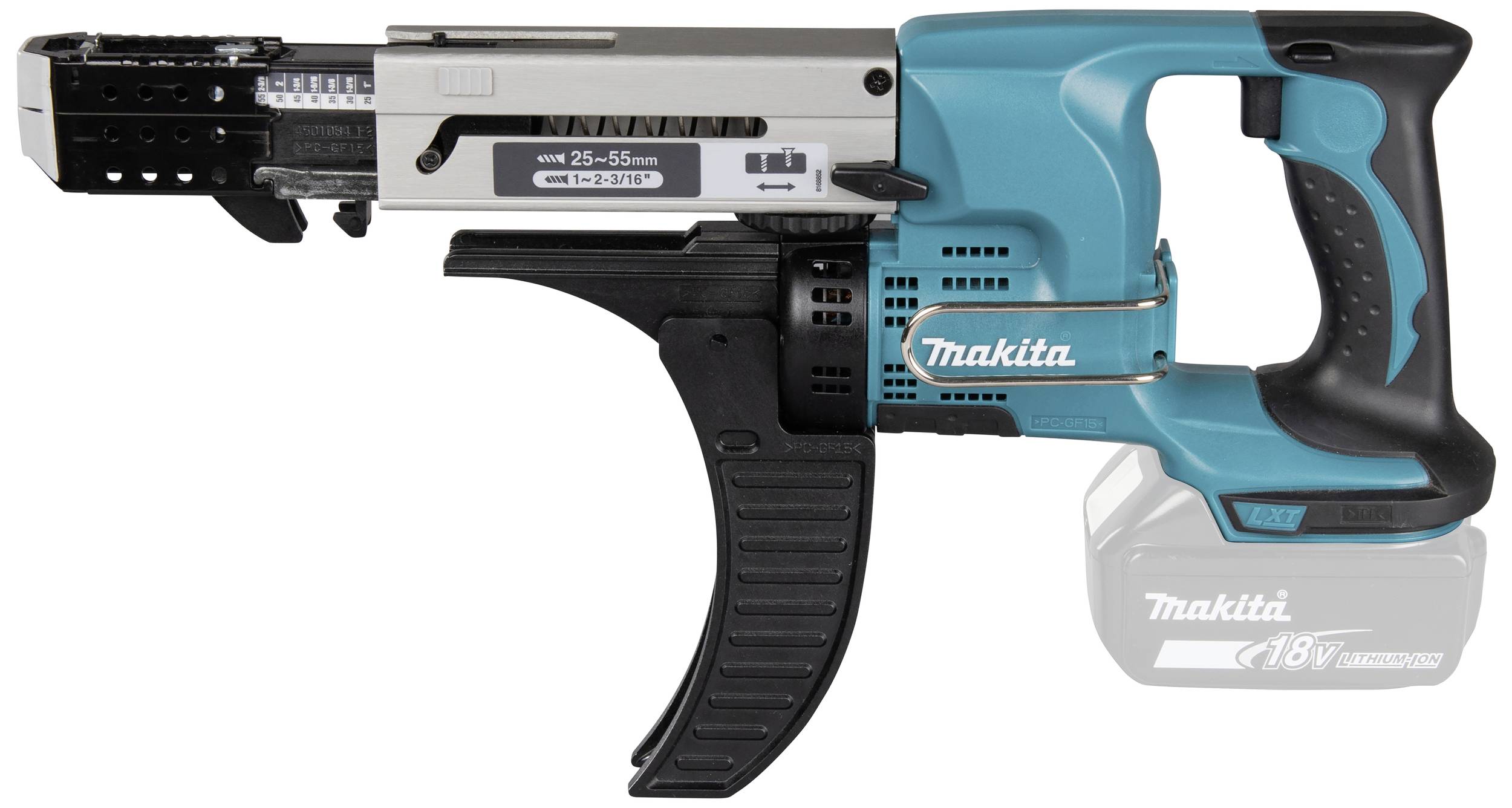 A cordless drywall screwdriver with magazine feed, blue-black design, suitable for 25-55 mm screws in drywall construction.