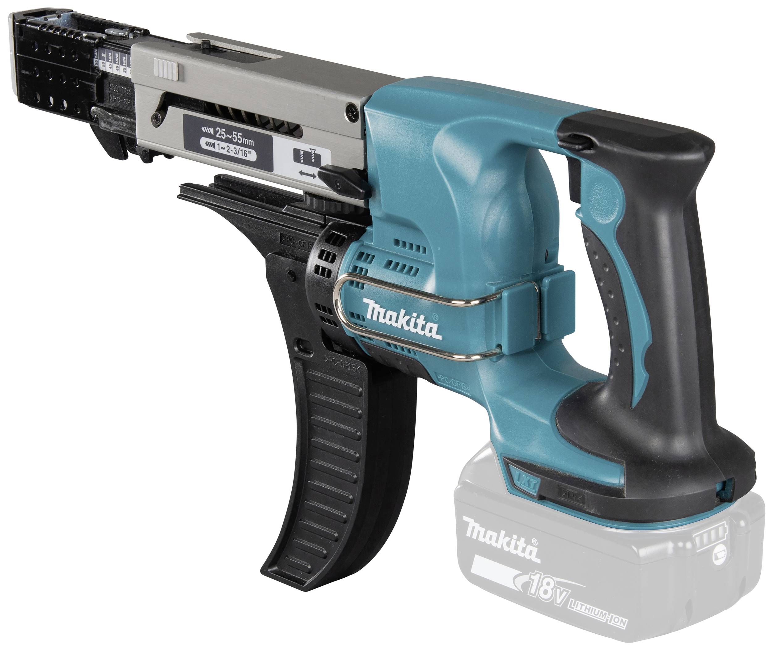 A Makita electric magazine screwdriver in blue and black, with an ergonomically shaped handle and visible battery compartment.