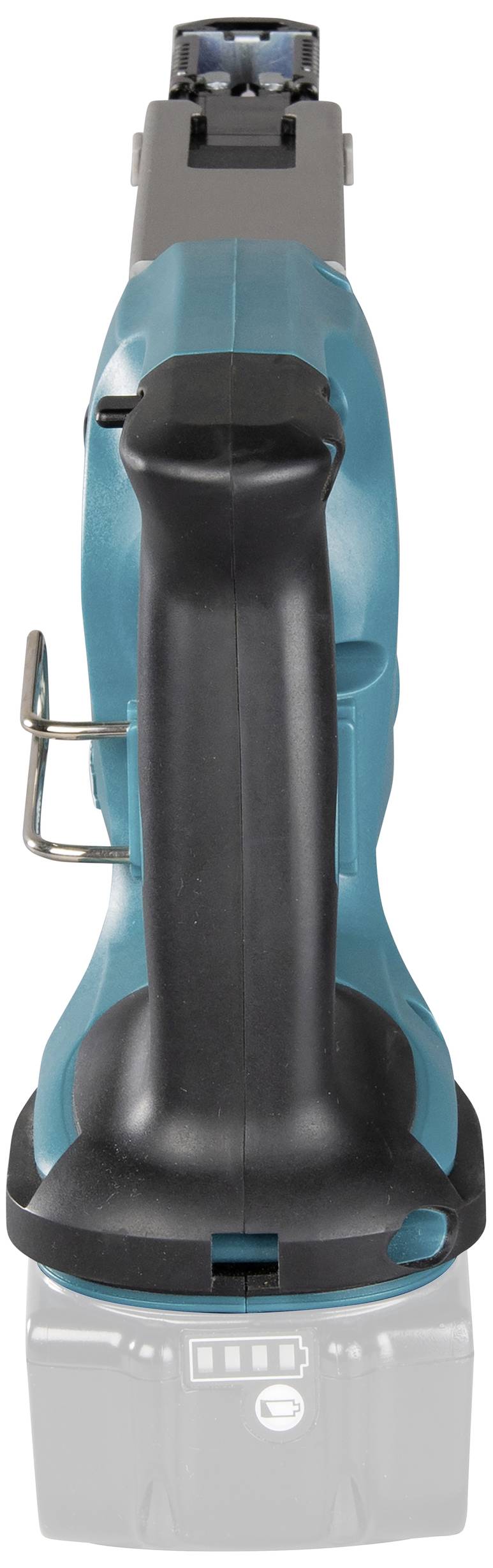 Cordless electric tool light in turquoise with a black handle, battery compartment clearly visible on the underside.
