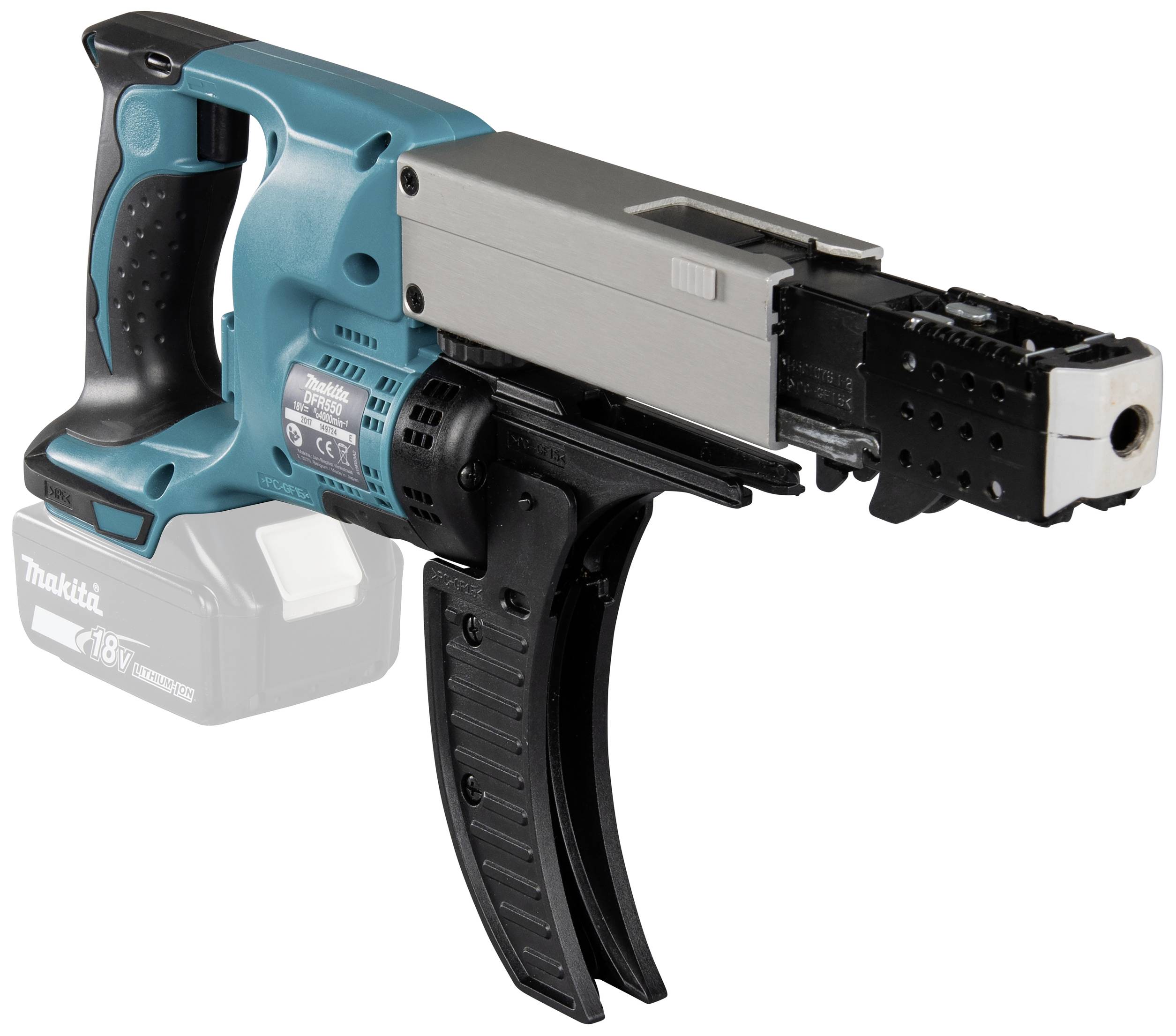 Cordless drill with a magazine attachment for screws. Showing the 'Makita 18V' marking on the inserted battery in the background.