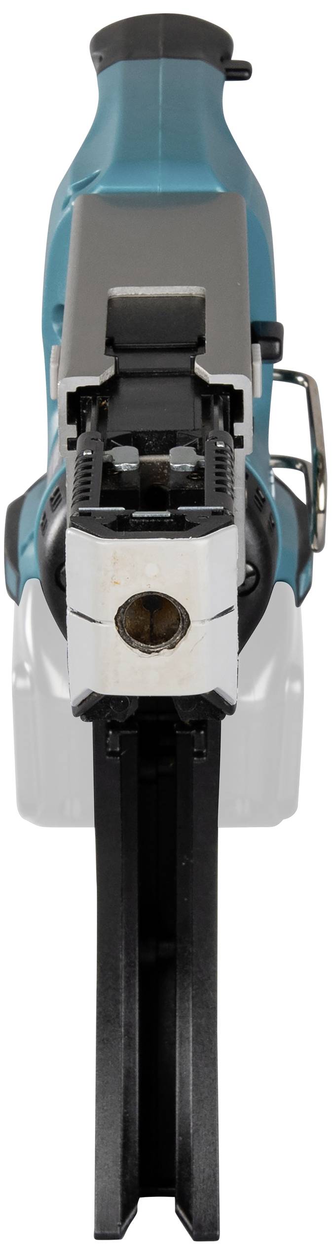An electric tool made of plastic and metal, viewed from the front. It has an ergonomic handle and an open slot at the front.