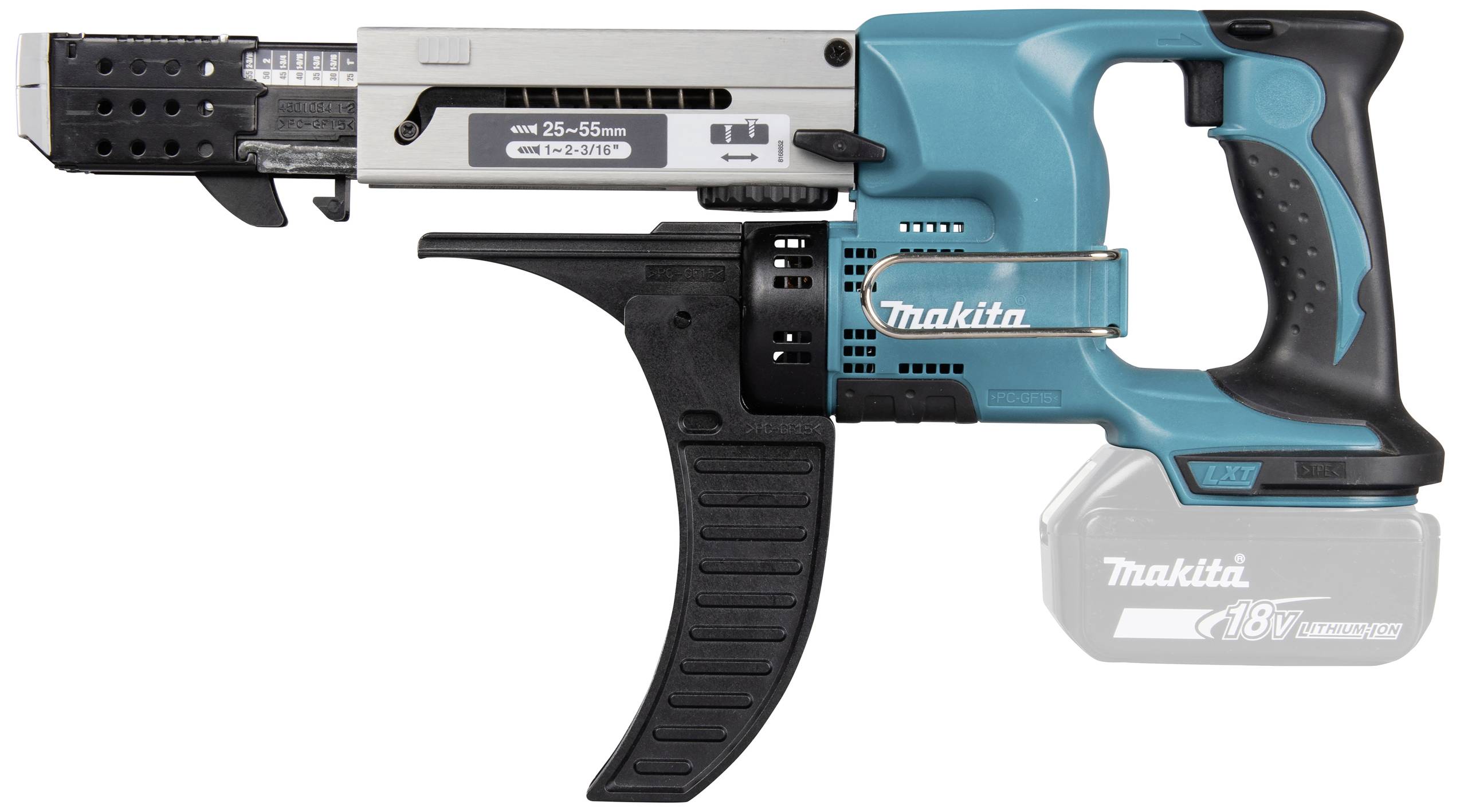 Battery-powered screwdriver magazine, Makita, blue-black, rectangular design, side view.
