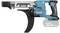 Battery-powered screwdriver magazine, Makita, blue-black, rectangular design, side view.