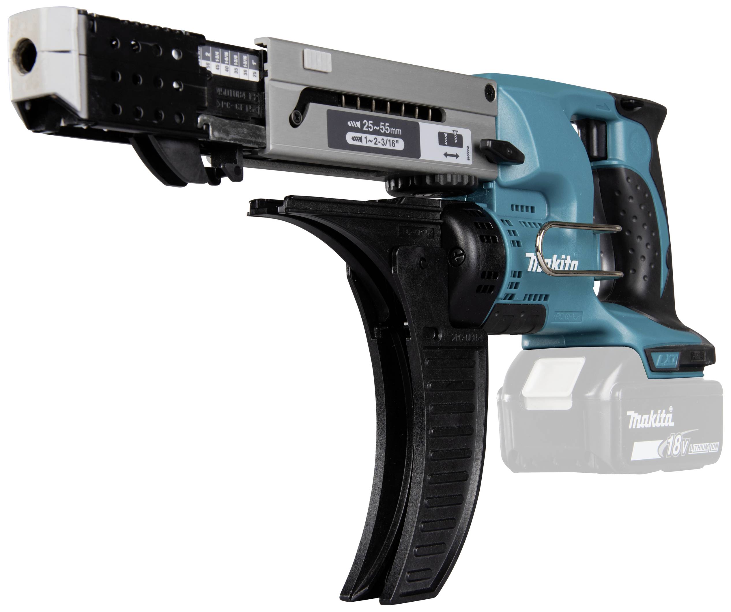A blue cordless magazine screwdriver with a black handle and black magazine, suitable for 25-55 mm screws, by Makita.