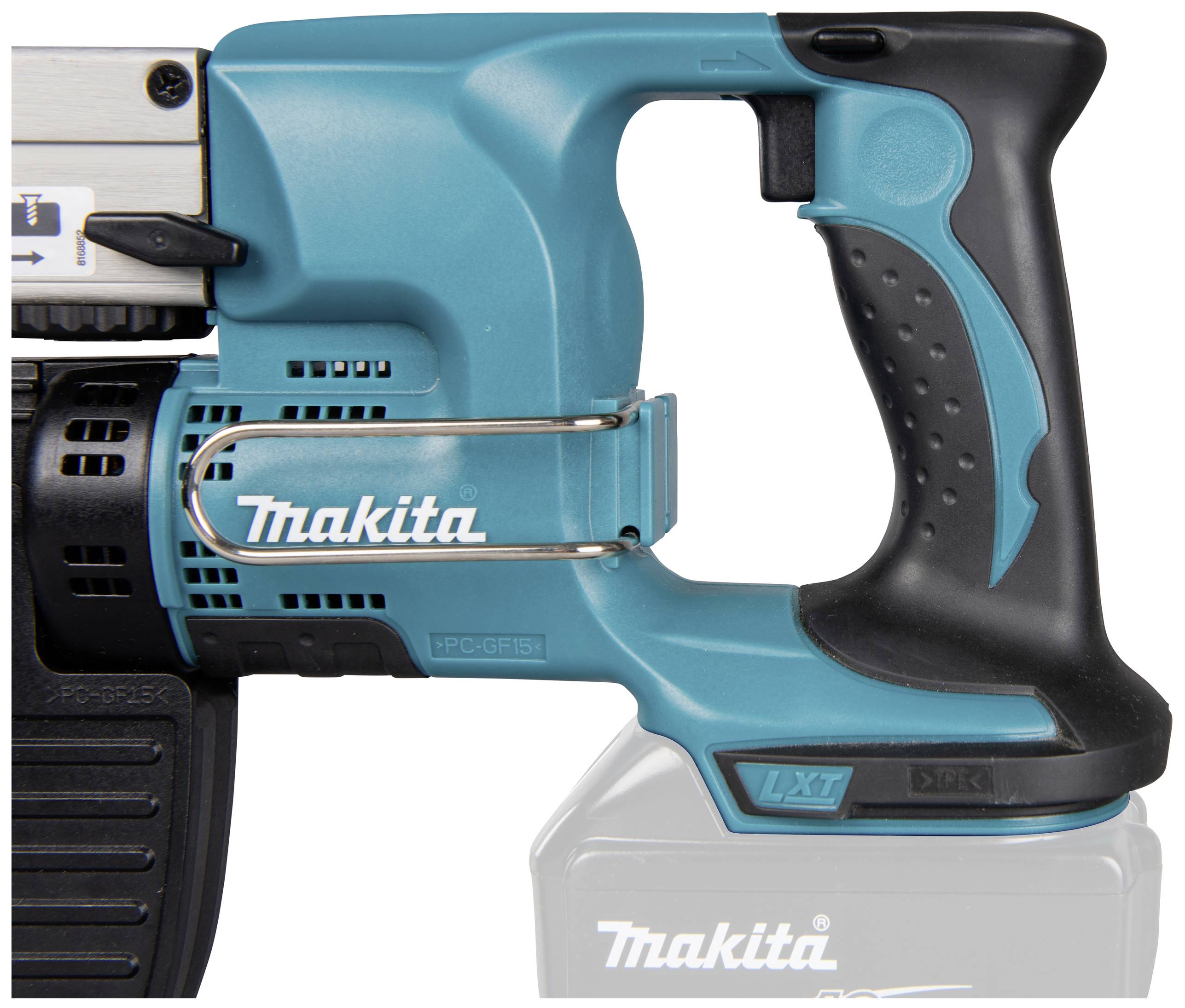 A blue, cordless Makita angle grinder with an ergonomic handle and removable battery, pictured from the side.