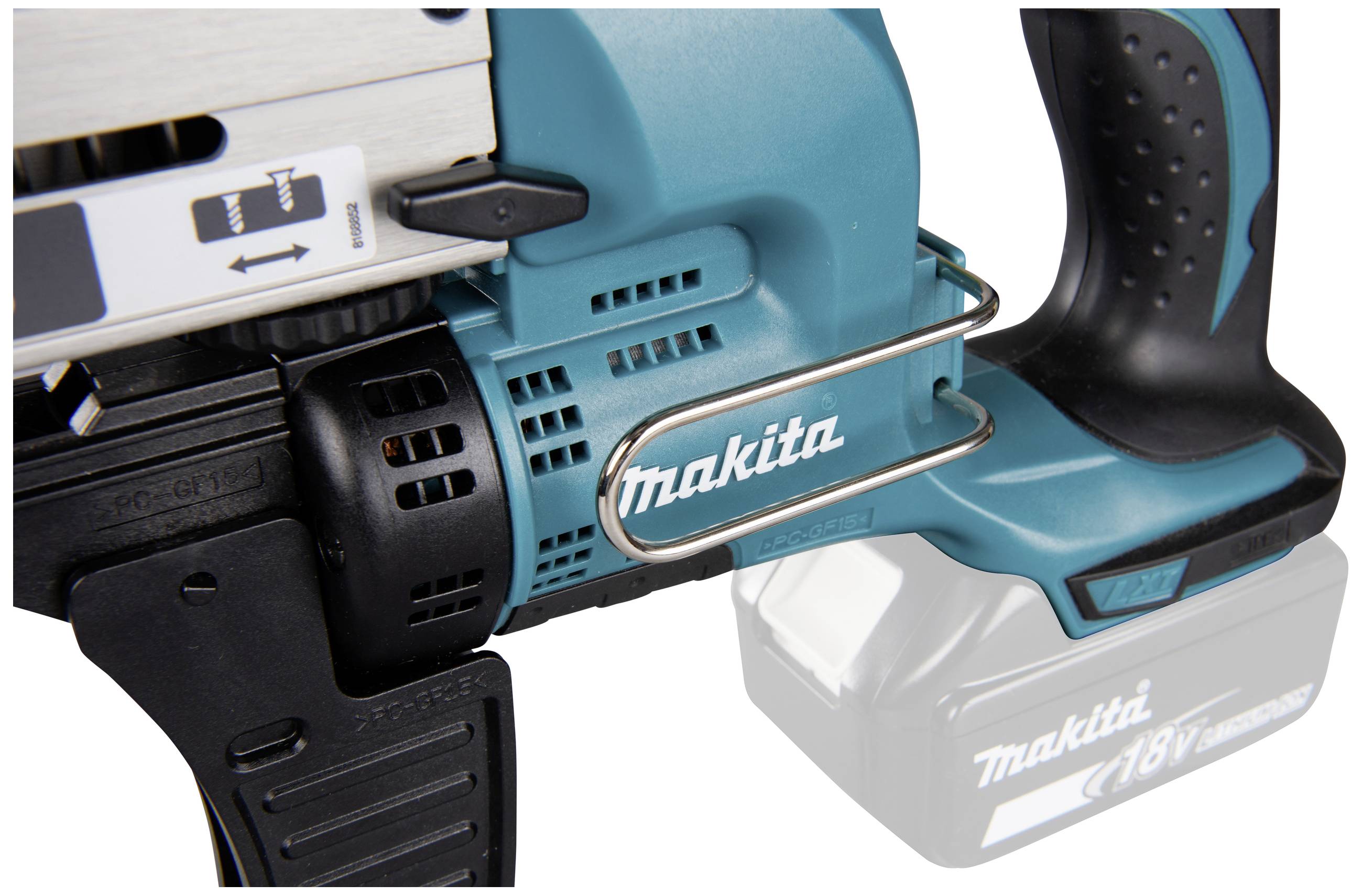 Makita hand-held power tool for woodworking with 18V battery, ergonomic grip and blue casing. Ideal for construction projects.