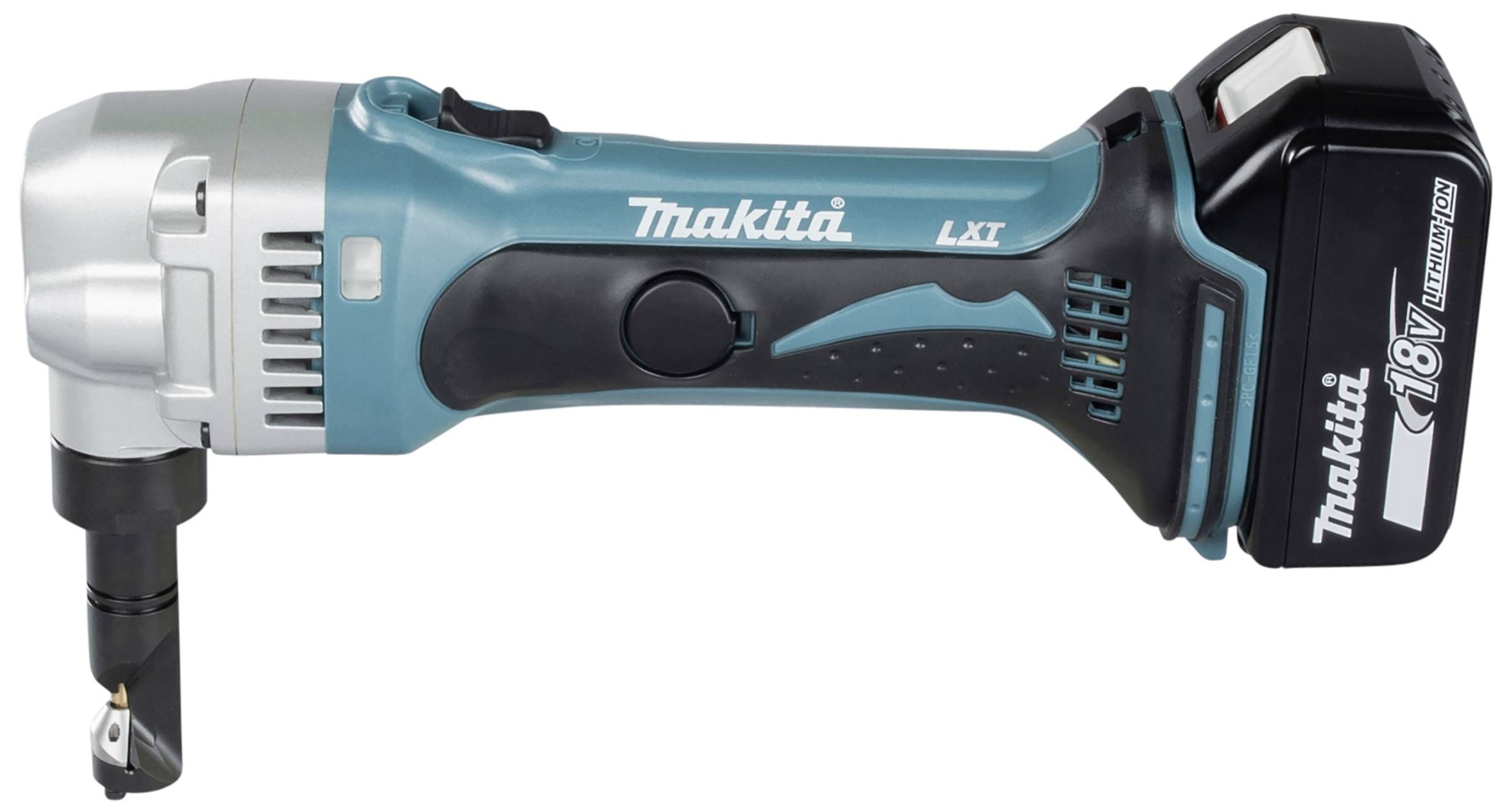 Cordless Nibbler in Blue-Black, side view, with Makita's 18V Lithium-Ion battery, showcasing ergonomic design and brand logo.