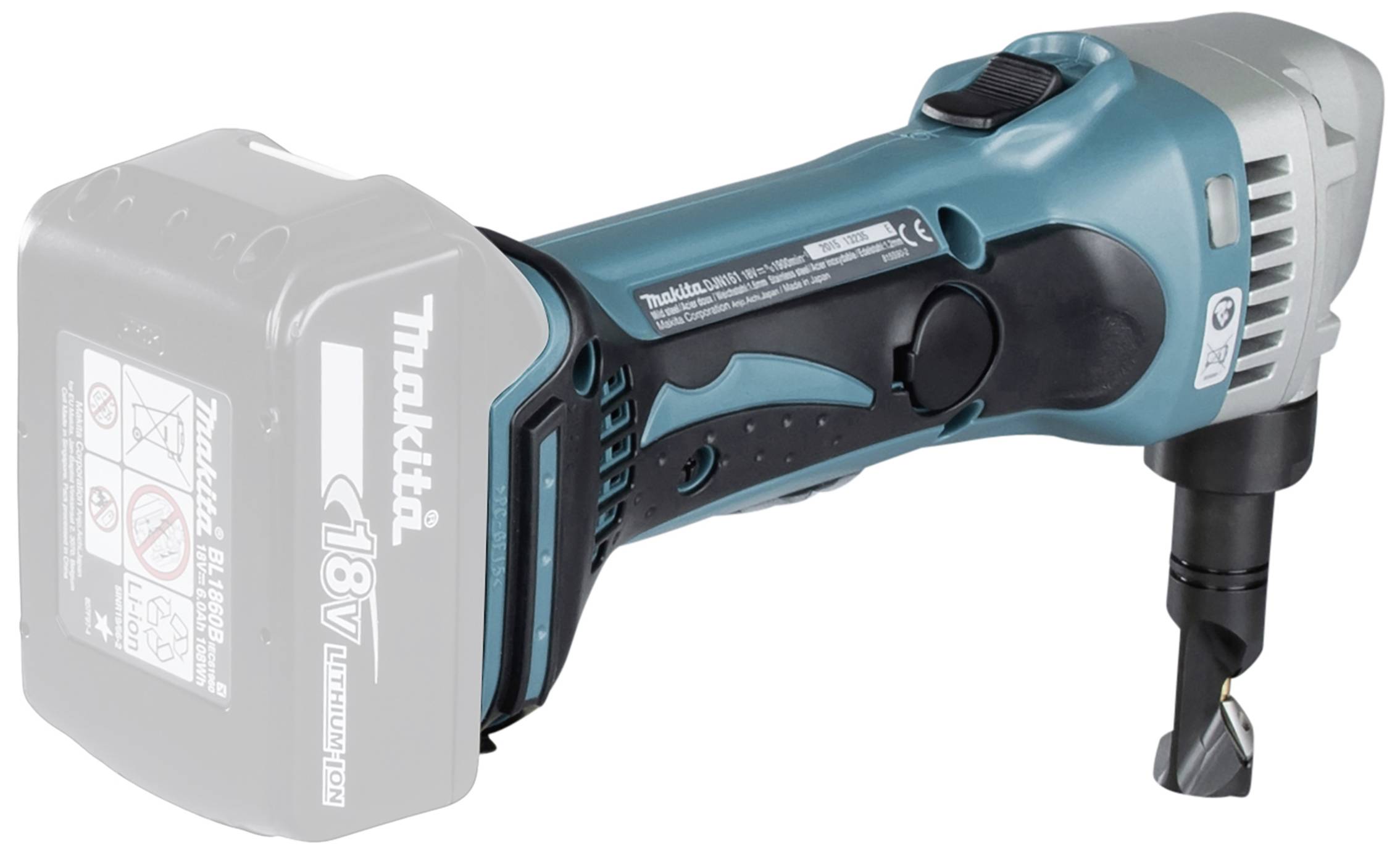 Battery-powered nibbling tool with ergonomic handle, suitable for metal cutting. Brand name and battery type clearly visible.