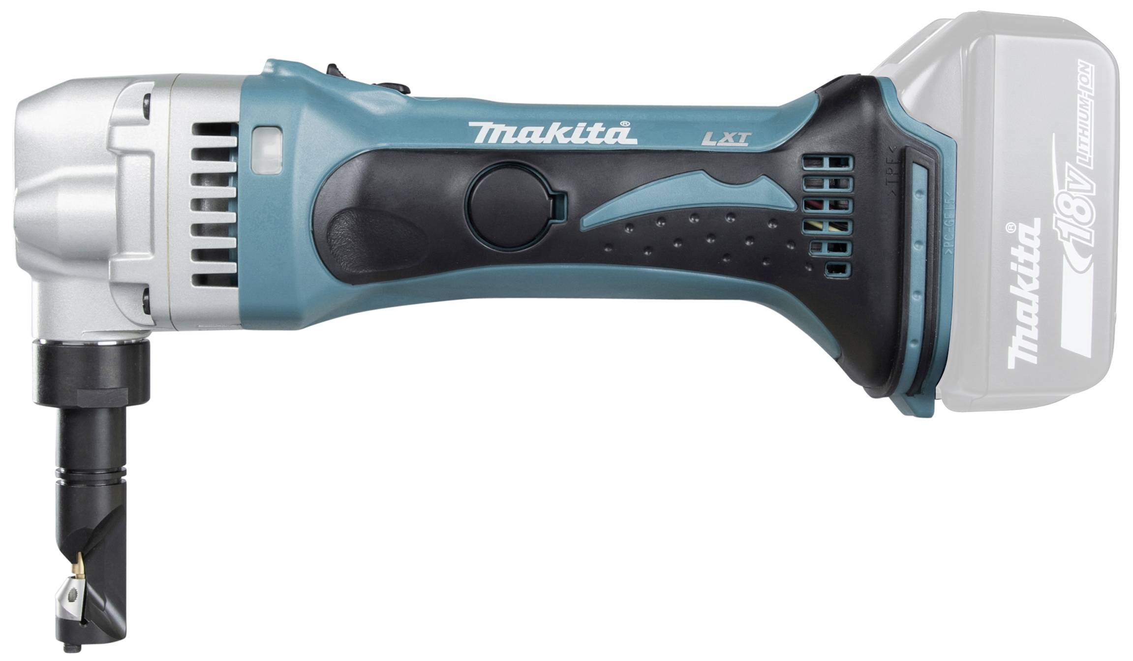 A blue and black Makita LXT cordless angle driver with an 18V lithium-ion battery.