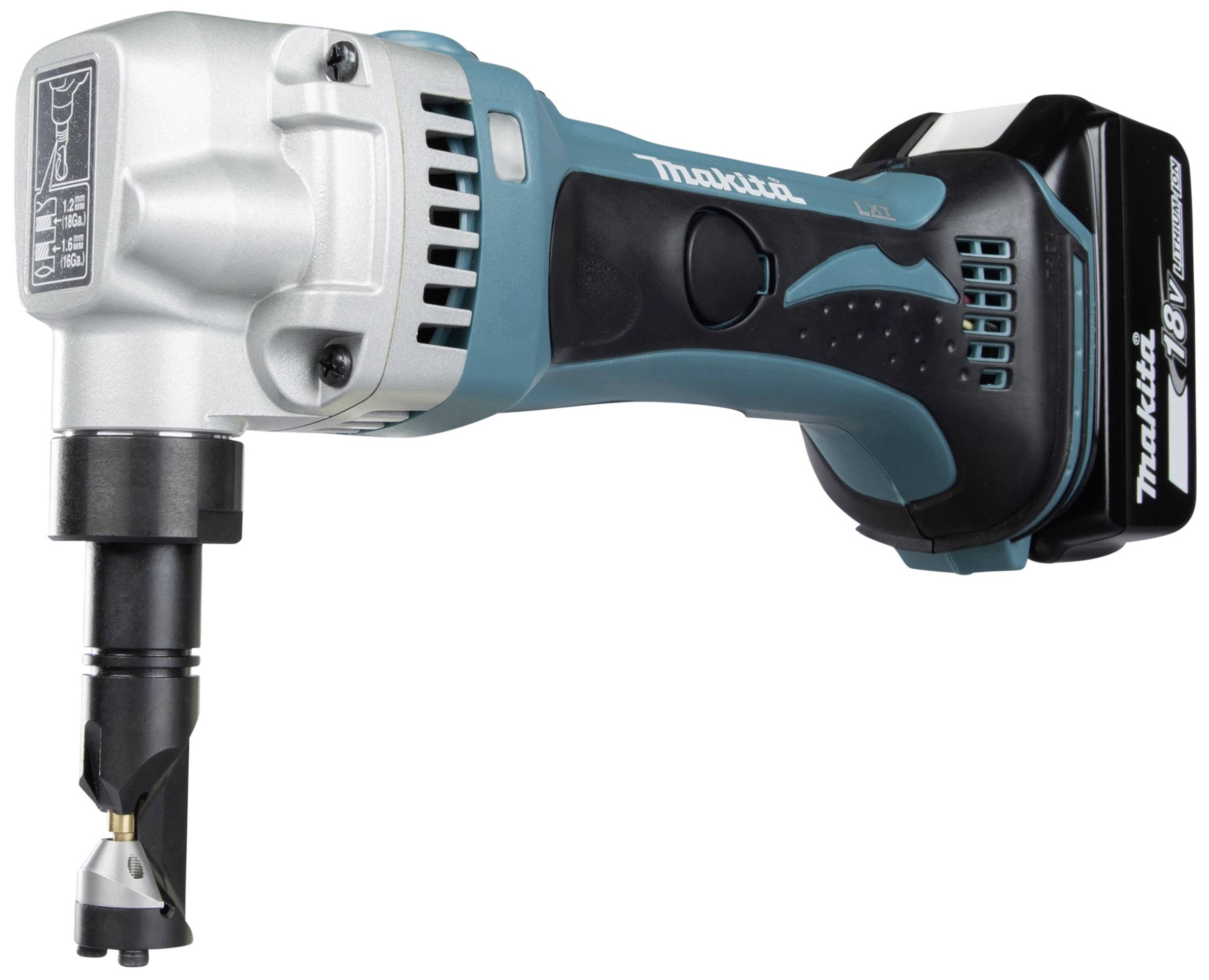 A Makita battery-powered steel cutter in blue and black, with an ergonomic handle.