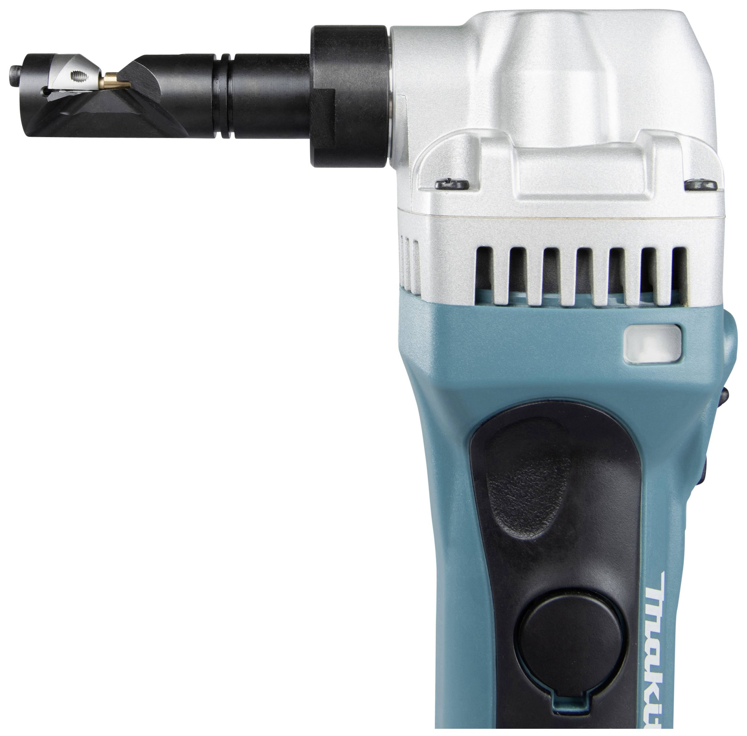 A handheld, blue electric metal drill with a drill head.