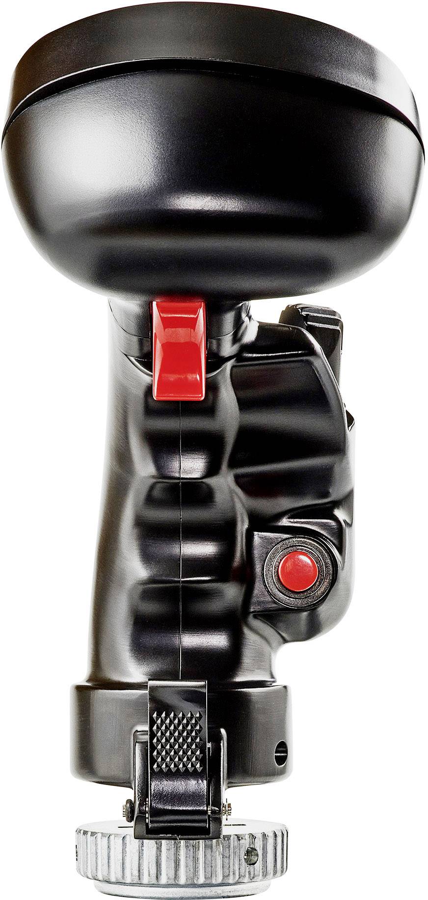 A black handle with red buttons, presumably part of a technical device or machine, viewed from the front.